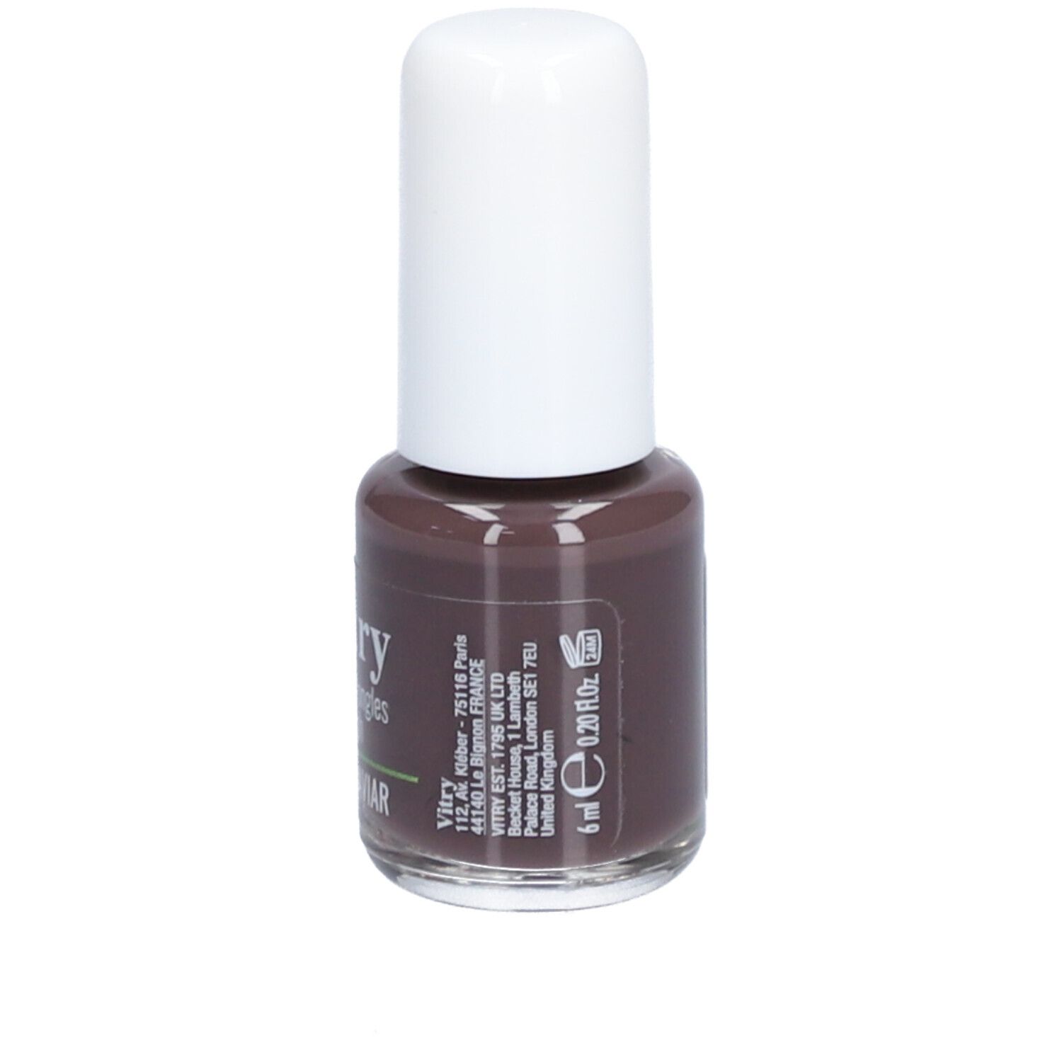 Nagellackflasche mit weißem Deckel. Aufschrift: Vitry, BRUN CAVIAR, 6 ml. Braune Farbe.