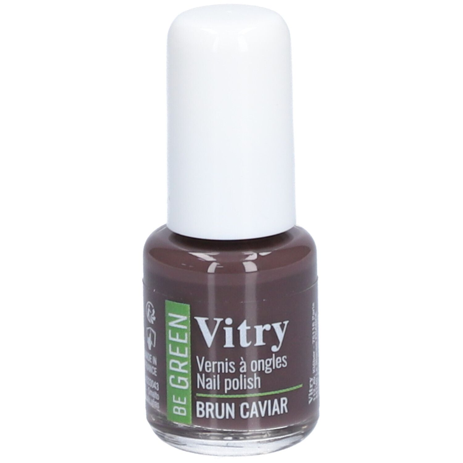 Nagellackflasche mit weißem Deckel. Aufschrift: Vitry, BE GREEN, BRUN CAVIAR. Braune Farbe.