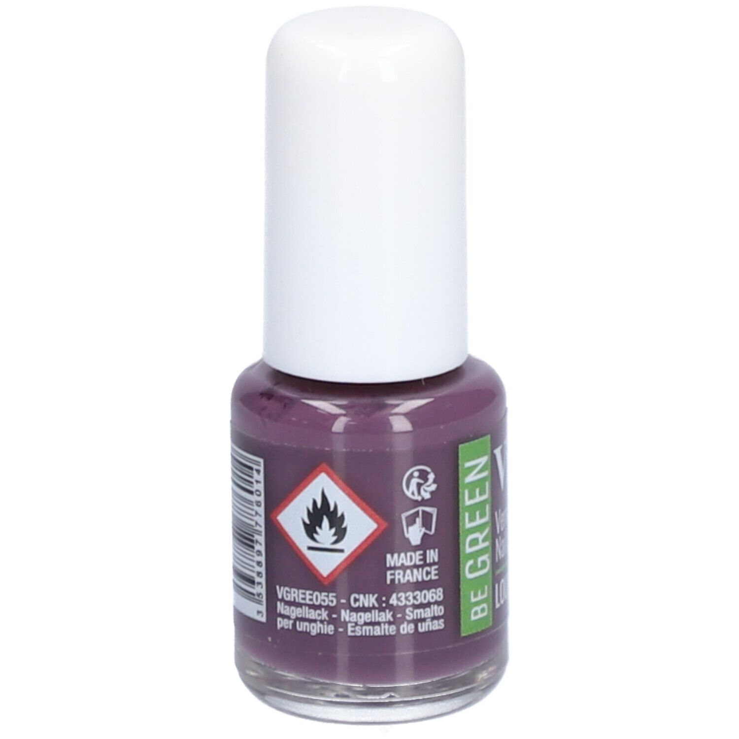 Nagellackflasche, violett. Weißer Deckel. Aufschrift: Vitry, BE GREEN. Warnhinweis. Made in France. VGRE055.