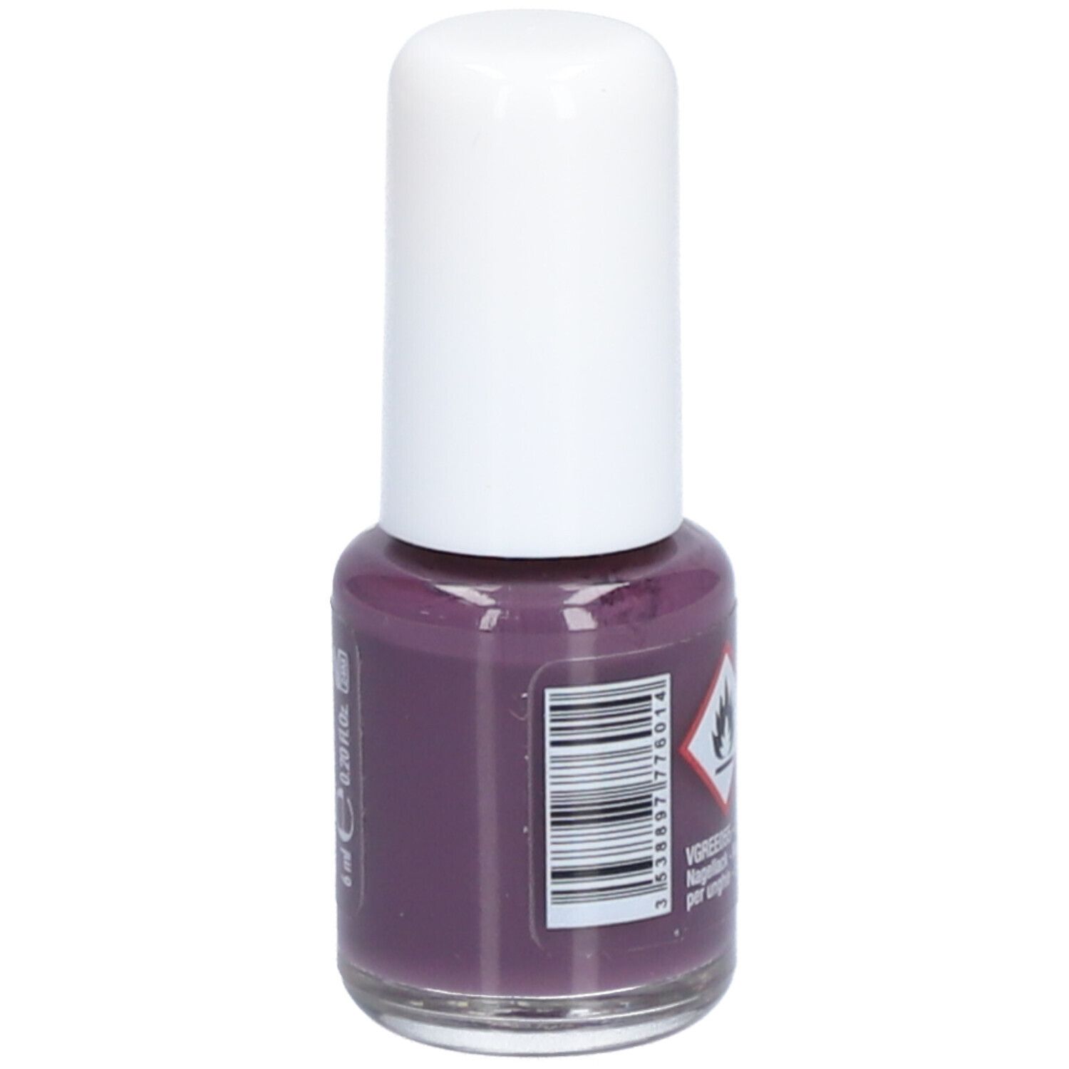 Nagellackflasche, violett. Weißer Deckel. Barcode und Warnhinweis. Aufschrift: 6 ml.