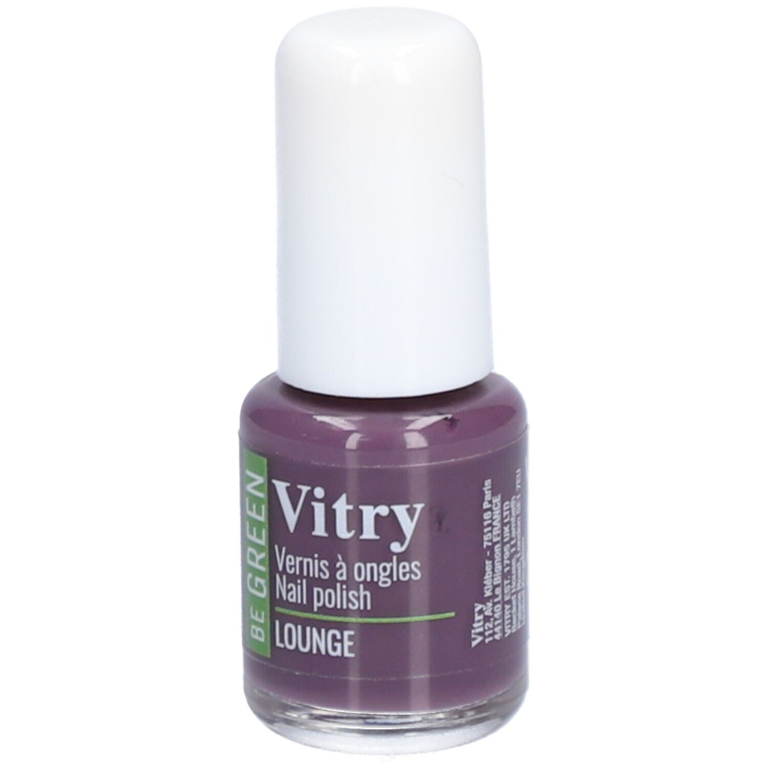 Nagellackflasche, violett. Weißer Deckel. Aufschrift: Vitry, BE GREEN, Lounge. Vernis à ongles, Nail polish. Adresse.