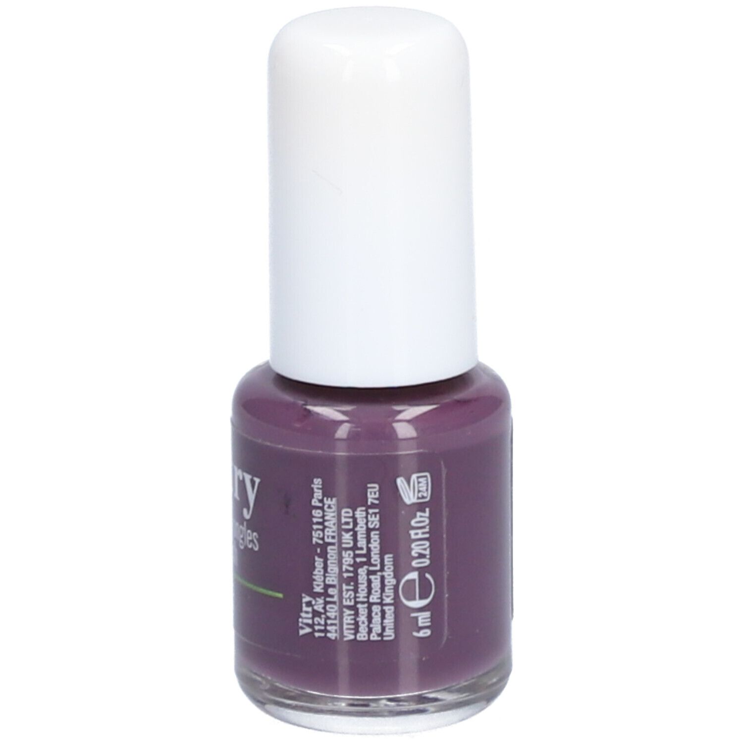 Nagellackflasche, violett. Weißer Deckel. Aufschrift: Vitry, 6 ml, 0.20 fl.oz. Adresse. Made in UK.