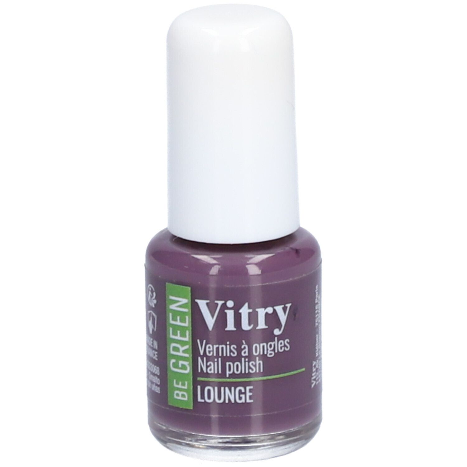 Flasche Nagellack, violett. Weißer Deckel. Aufschrift: Vitry, BE GREEN, Lounge. Vernis à ongles, Nail polish.