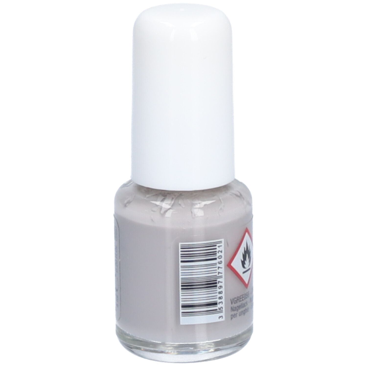 Nagellakfles met witte dop. Streepjescode en waarschuwing. Grijze nagellak.