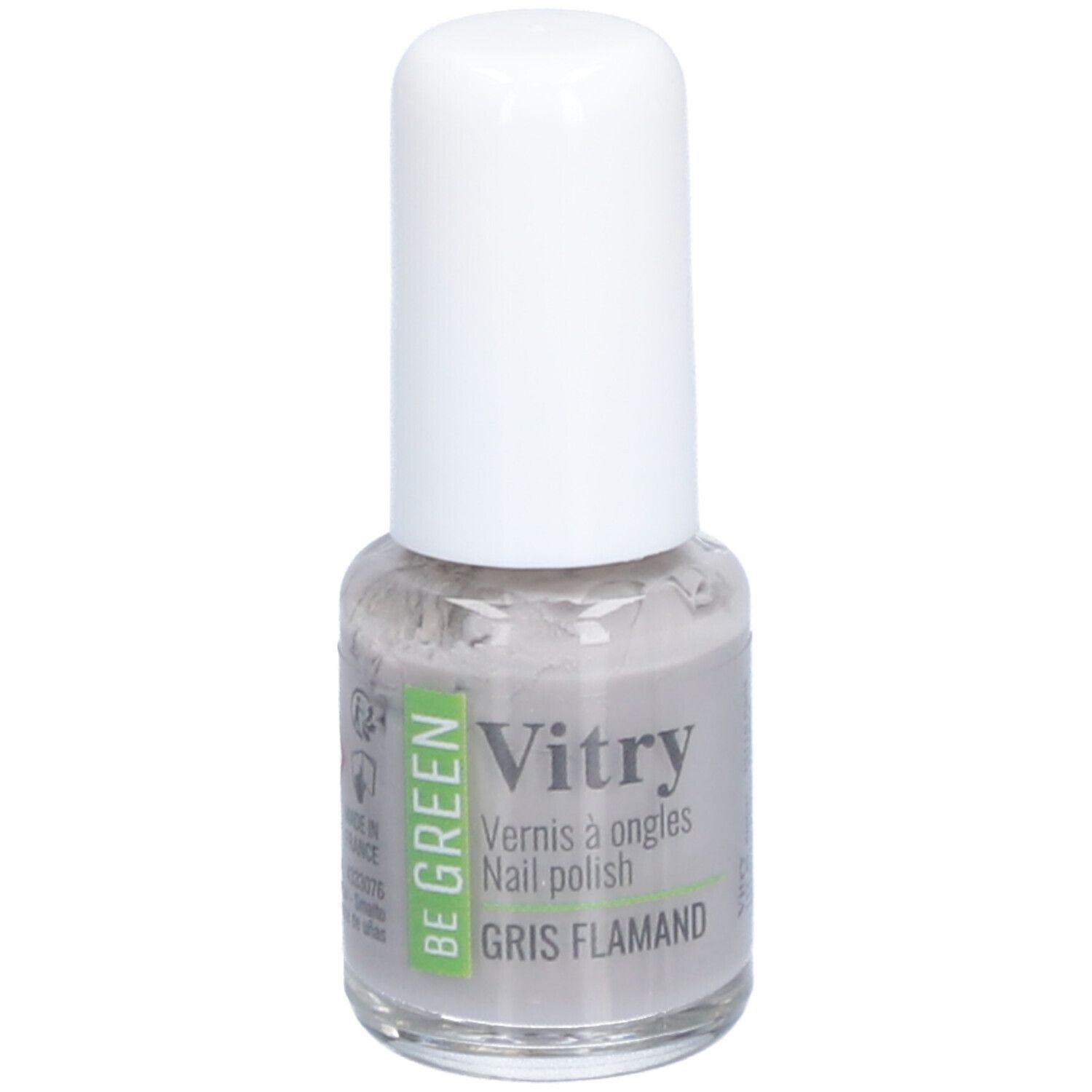 Nagellakfles met witte dop. Opschrift: Vitry, BE GREEN, Gris Flamand. Grijze nagellak.