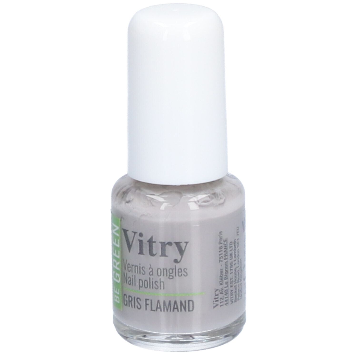 Nagellakfles met witte dop. Opschrift: Vitry, BE GREEN, Gris Flamand. Grijze nagellak.