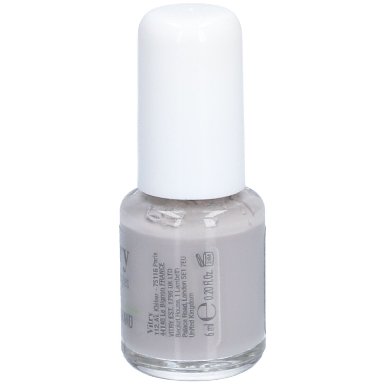 Nagellakfles met witte dop. Opschrift: Vitry. Volume: 6 ml. Grijze nagellak.