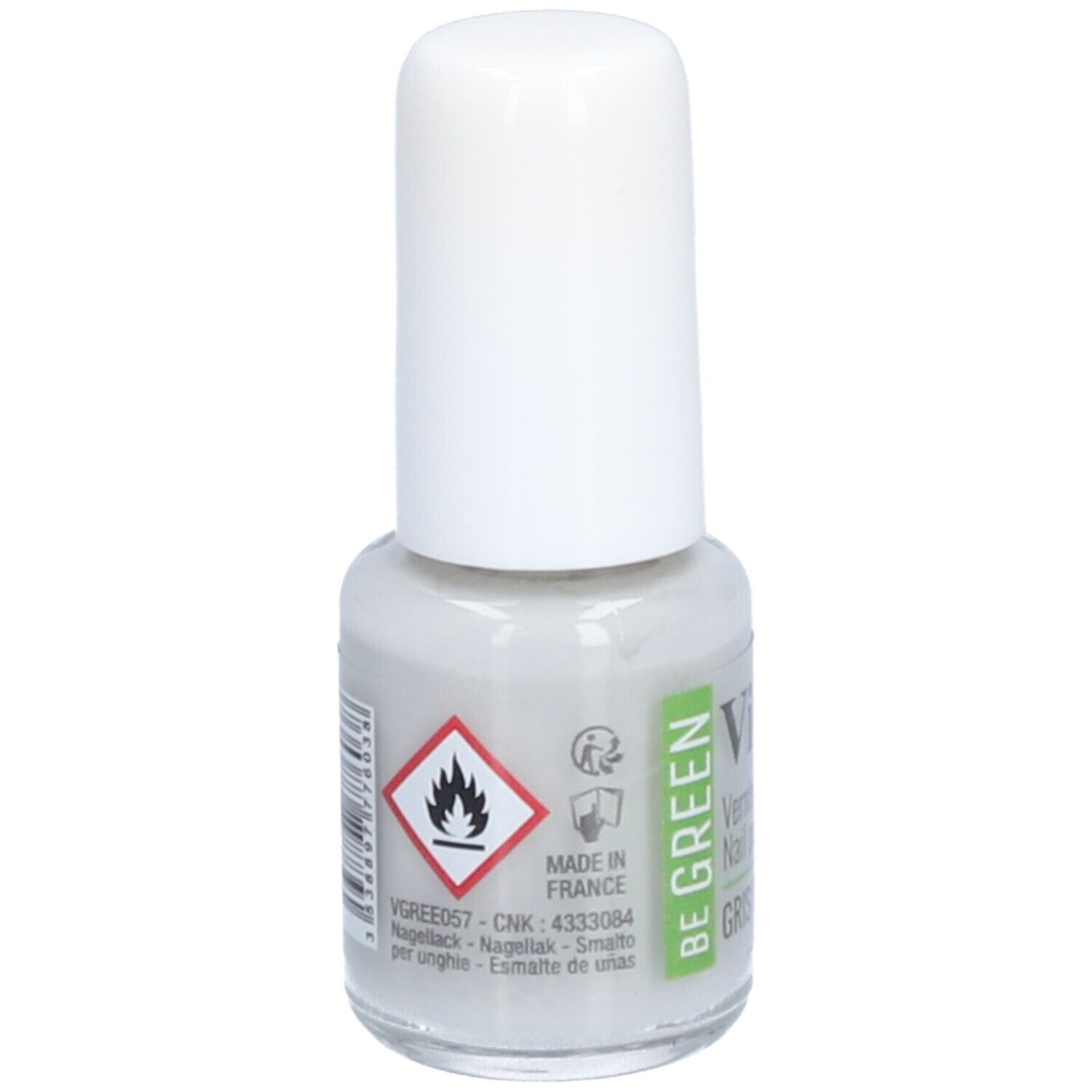 Nagellackflasche, grau, mit weißem Deckel. Aufschrift: BE GREEN, Vitry. Gefahrensymbol.