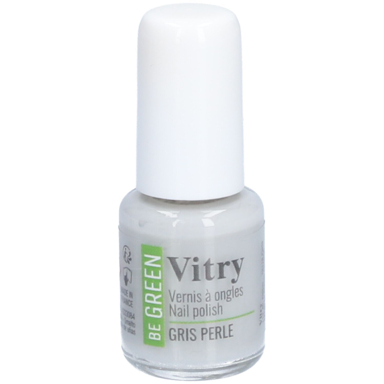 Nagellackflasche, grau, mit weißem Deckel. Aufschrift: BE GREEN, Vitry, GRIS PERLE.
