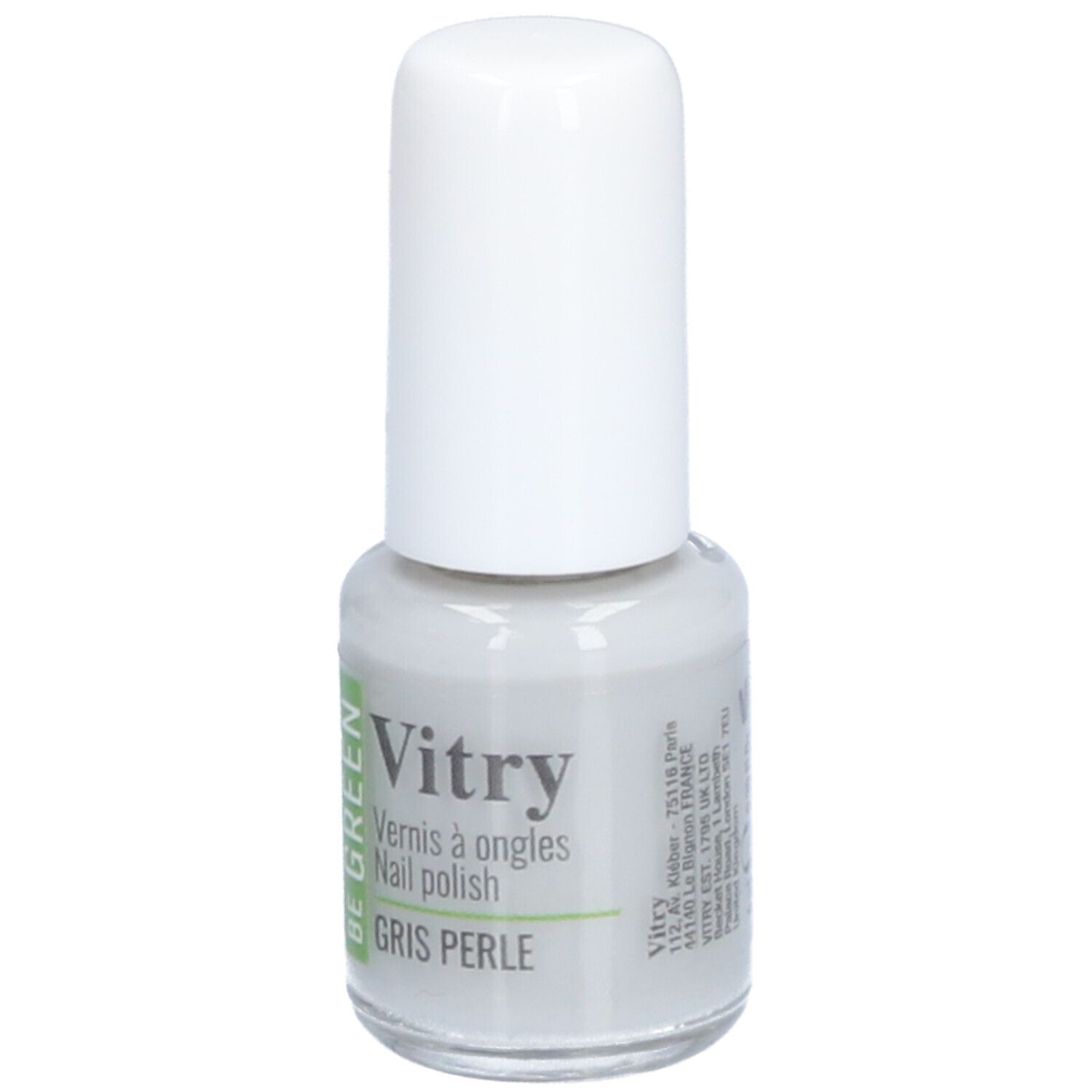 Nagellackflasche, grau, mit weißem Deckel. Aufschrift: BE GREEN, Vitry, GRIS PERLE.