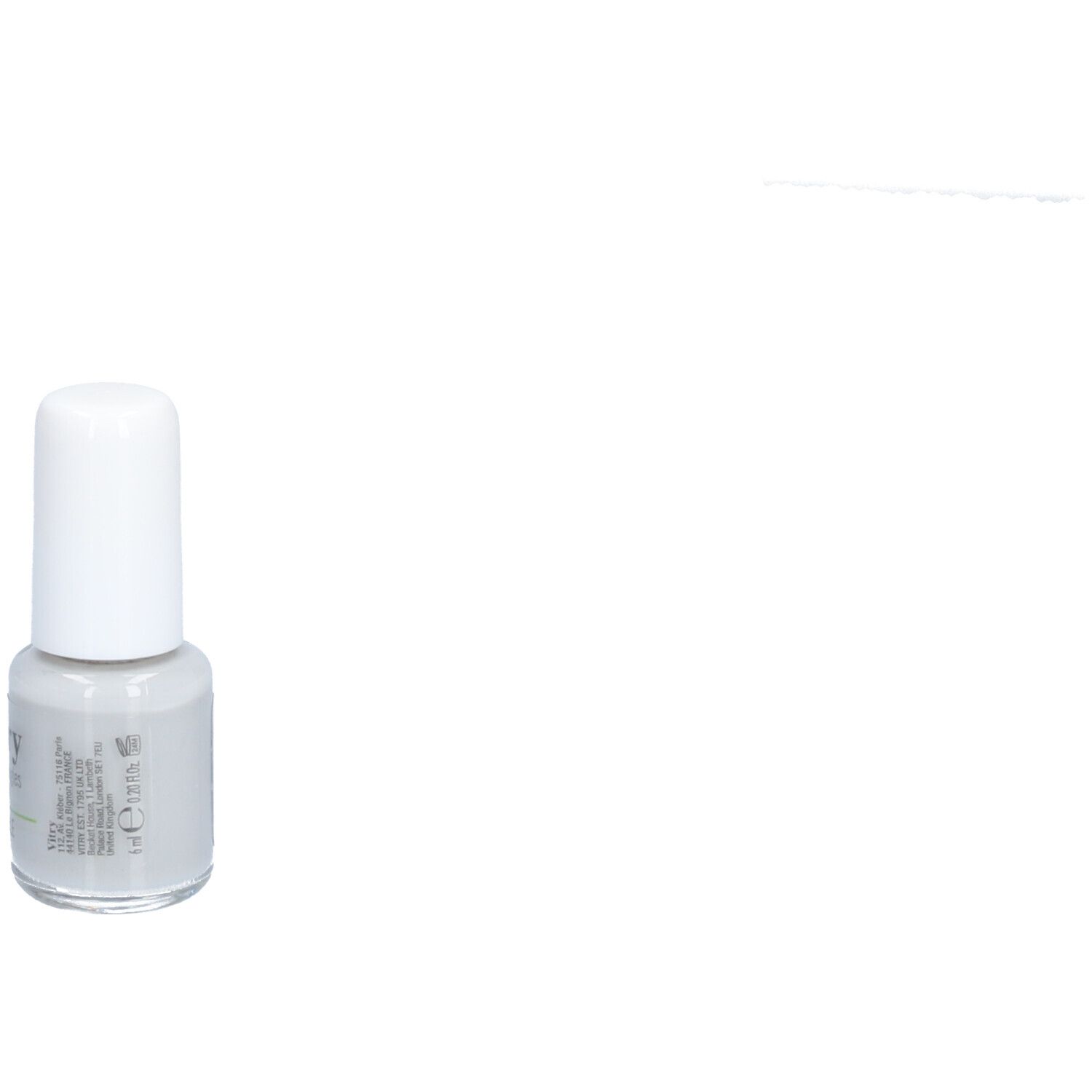 Nagellackflasche, grau, mit weißem Deckel. Aufschrift: Vitry, GRIS PERLE.