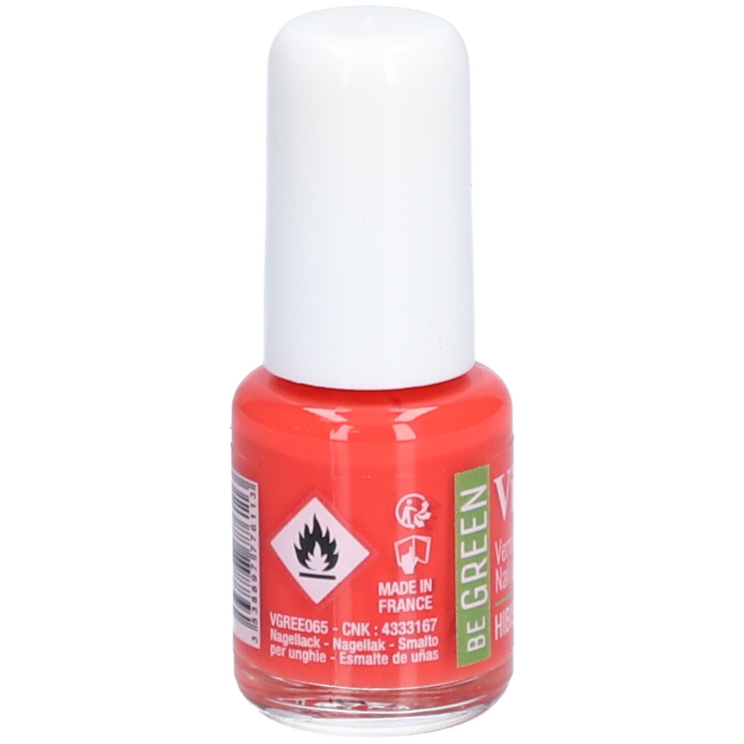 Nagellakflesje met rode vloeistof en witte dop. Opschrift: Vitry, BE GREEN. Gevaarsymbool.