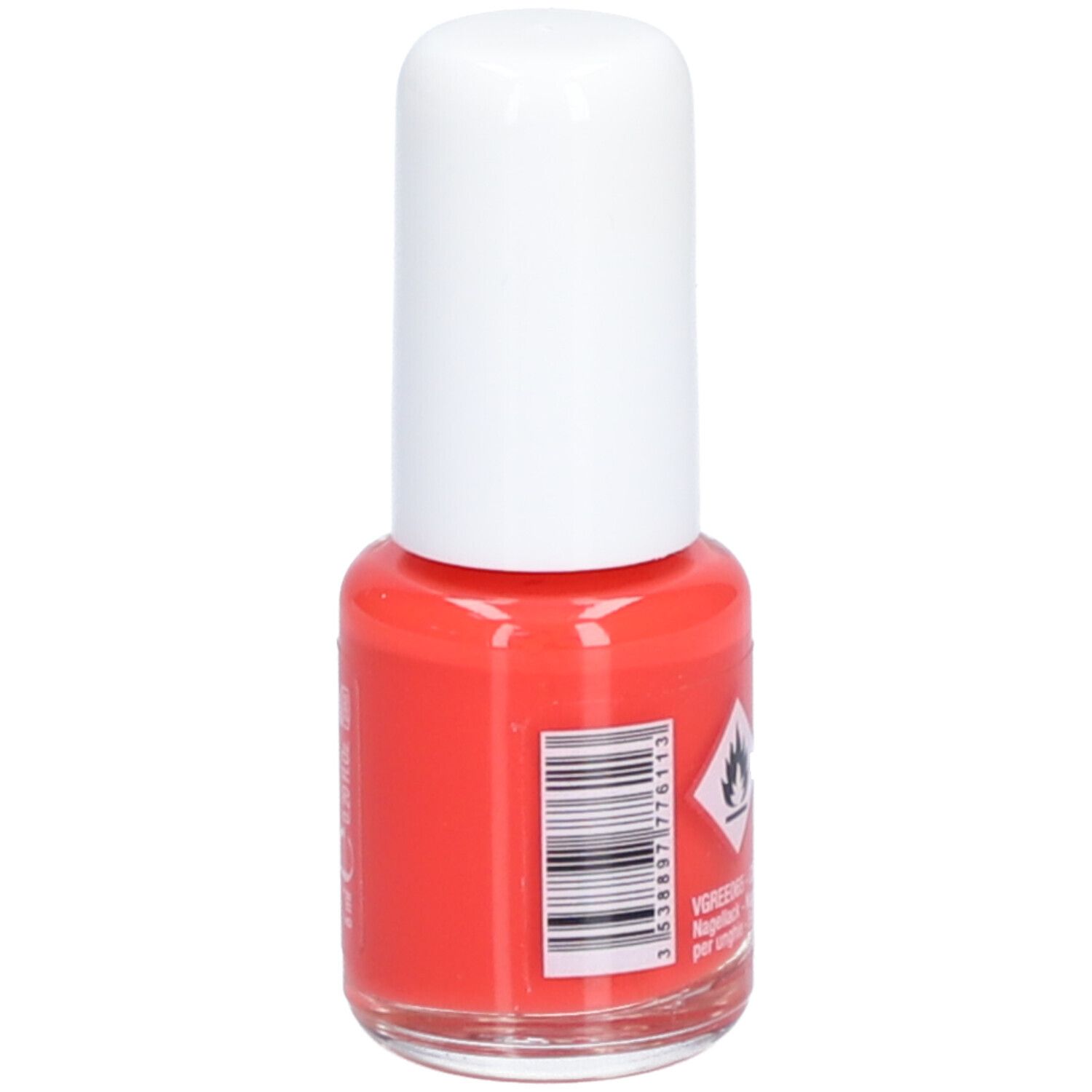 Nagellakflesje met rode vloeistof en witte dop. Opschrift: Vitry, BE GREEN. Gevaarsymbool.