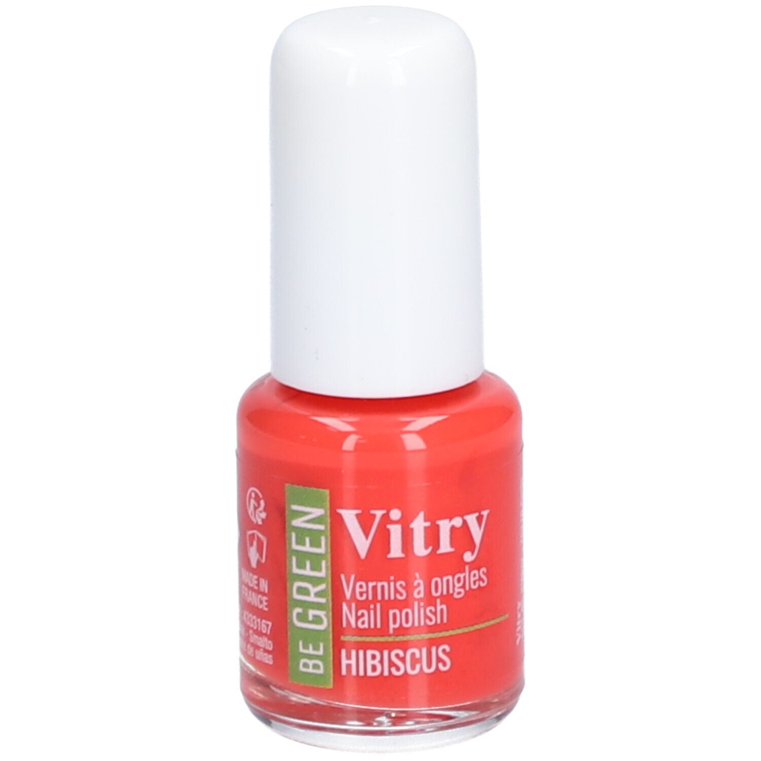 Nagellakflesje met rode vloeistof en witte dop. Opschrift: Vitry, BE GREEN, Hibiscus.