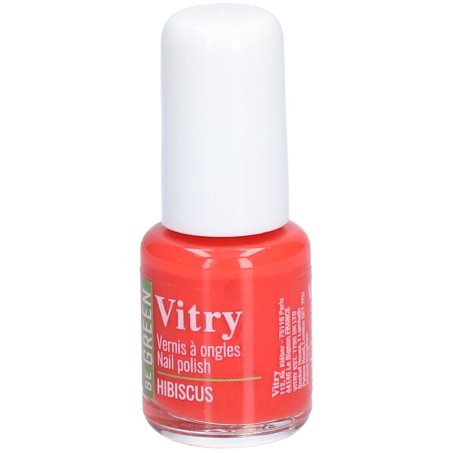 Nagellakflesje met rode vloeistof en witte dop. Opschrift: Vitry, BE GREEN, Hibiscus.