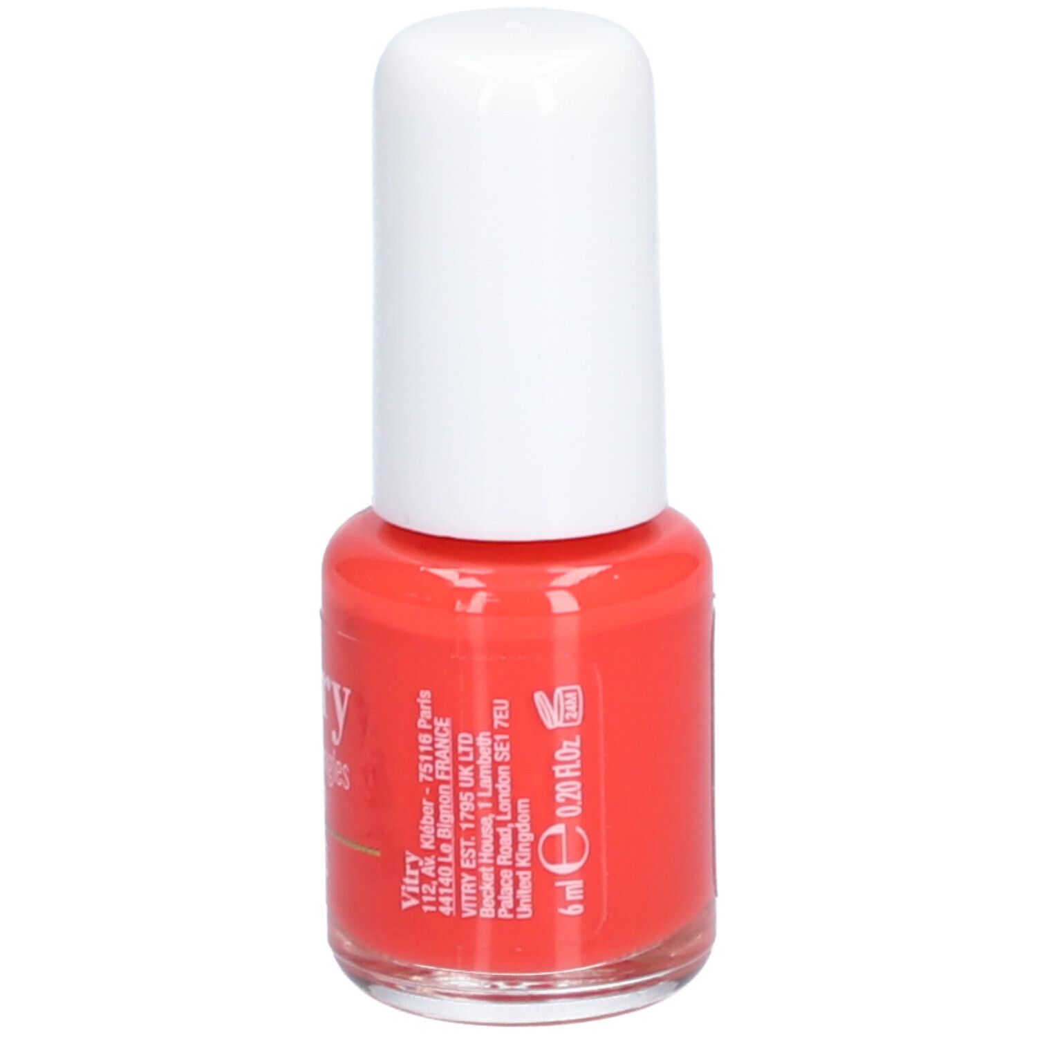 Nagellakflesje met rode vloeistof en witte dop. Opschrift: Vitry, BE GREEN. Volume: 6 ml.