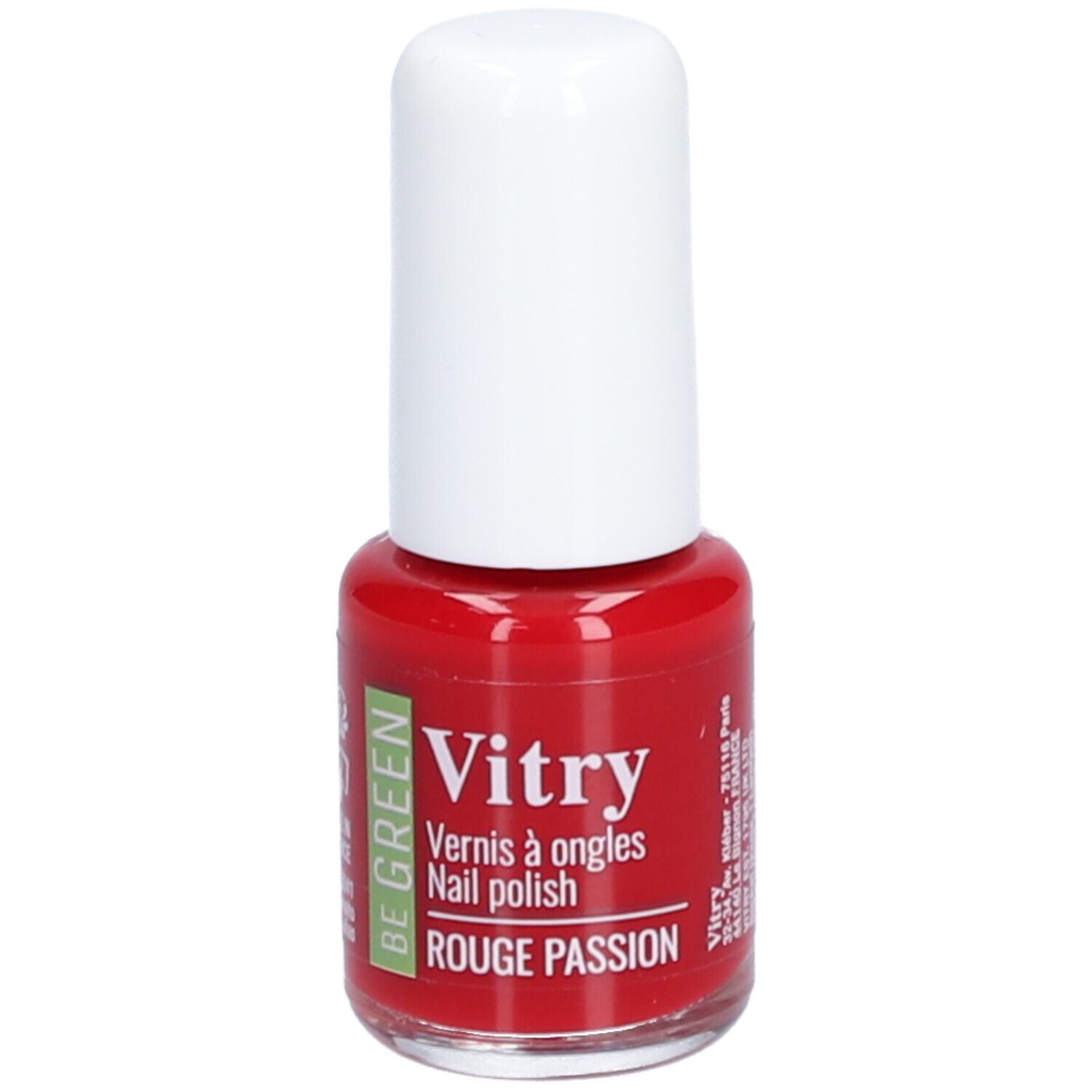 Flacon de vernis à ongles rouge avec bouchon blanc. Inscription : Vitry, Vernis à ongles, Rouge Passion. Logo Be Green.