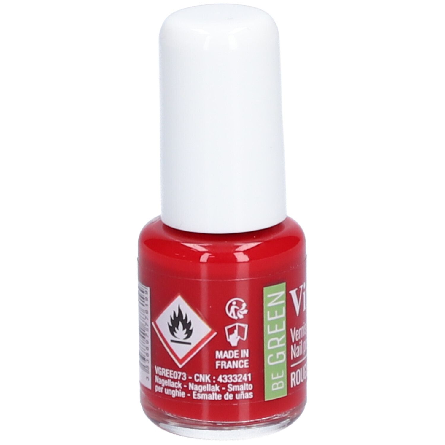 Flacon de vernis à ongles rouge avec bouchon blanc. Inscription : Vitry, Vernis à ongles, Rouge Passion. Logo Be Green. Symbole de danger.