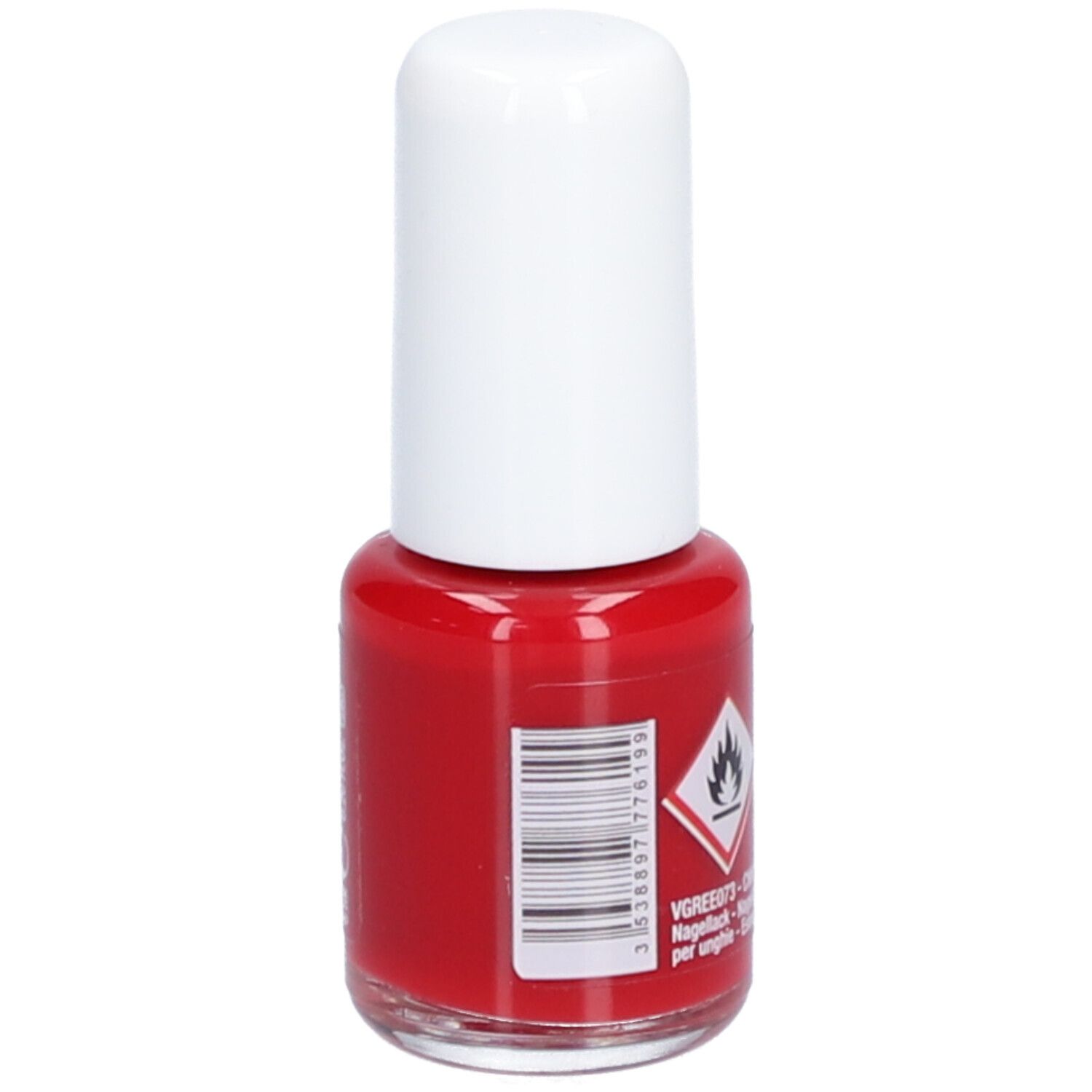 Flacon de vernis à ongles rouge avec bouchon blanc. Inscription : Vitry, Vernis à ongles, Rouge Passion. Code-barres et symbole de danger.