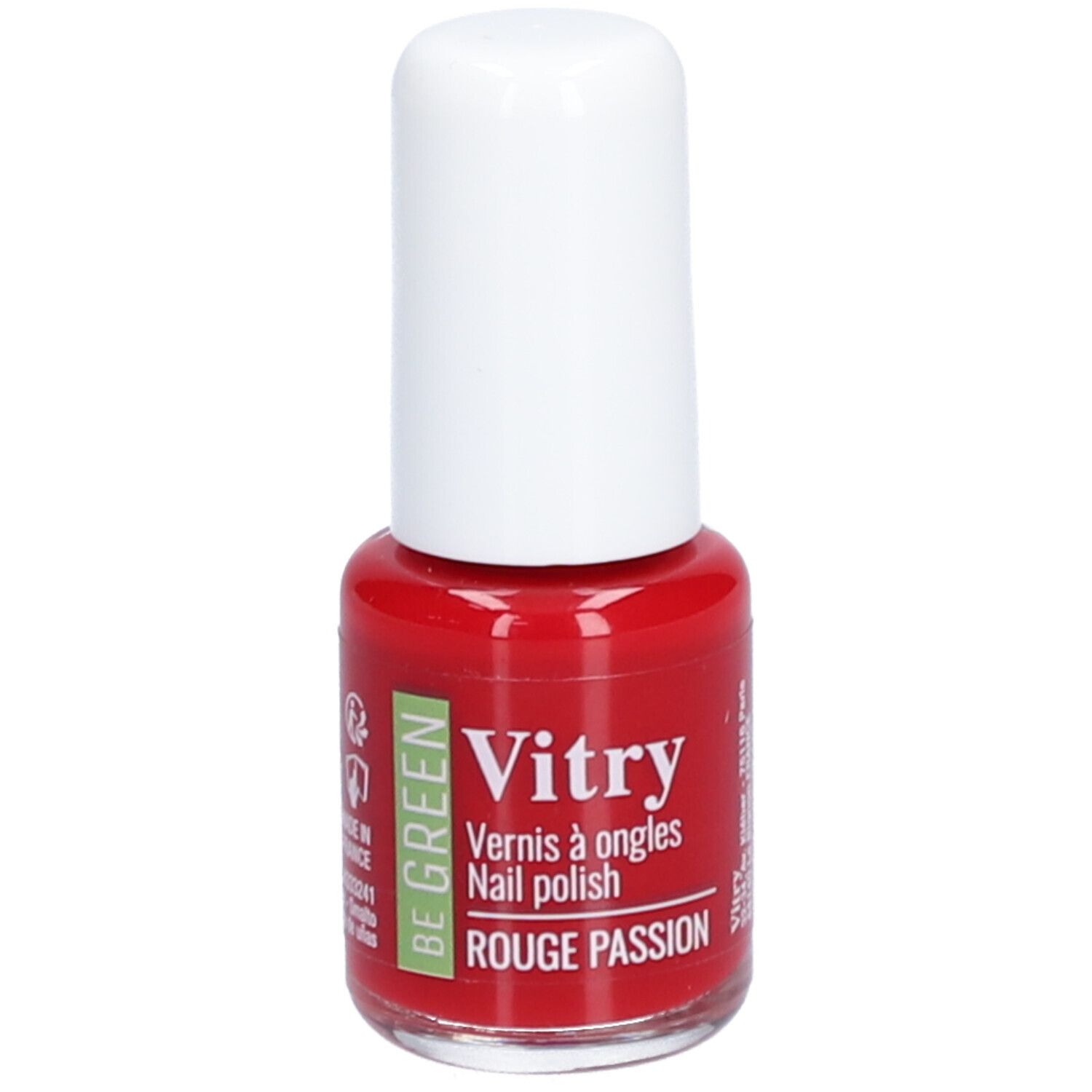 Flacon de vernis à ongles rouge avec bouchon blanc. Inscription : Vitry, Vernis à ongles, Rouge Passion. Logo Be Green.