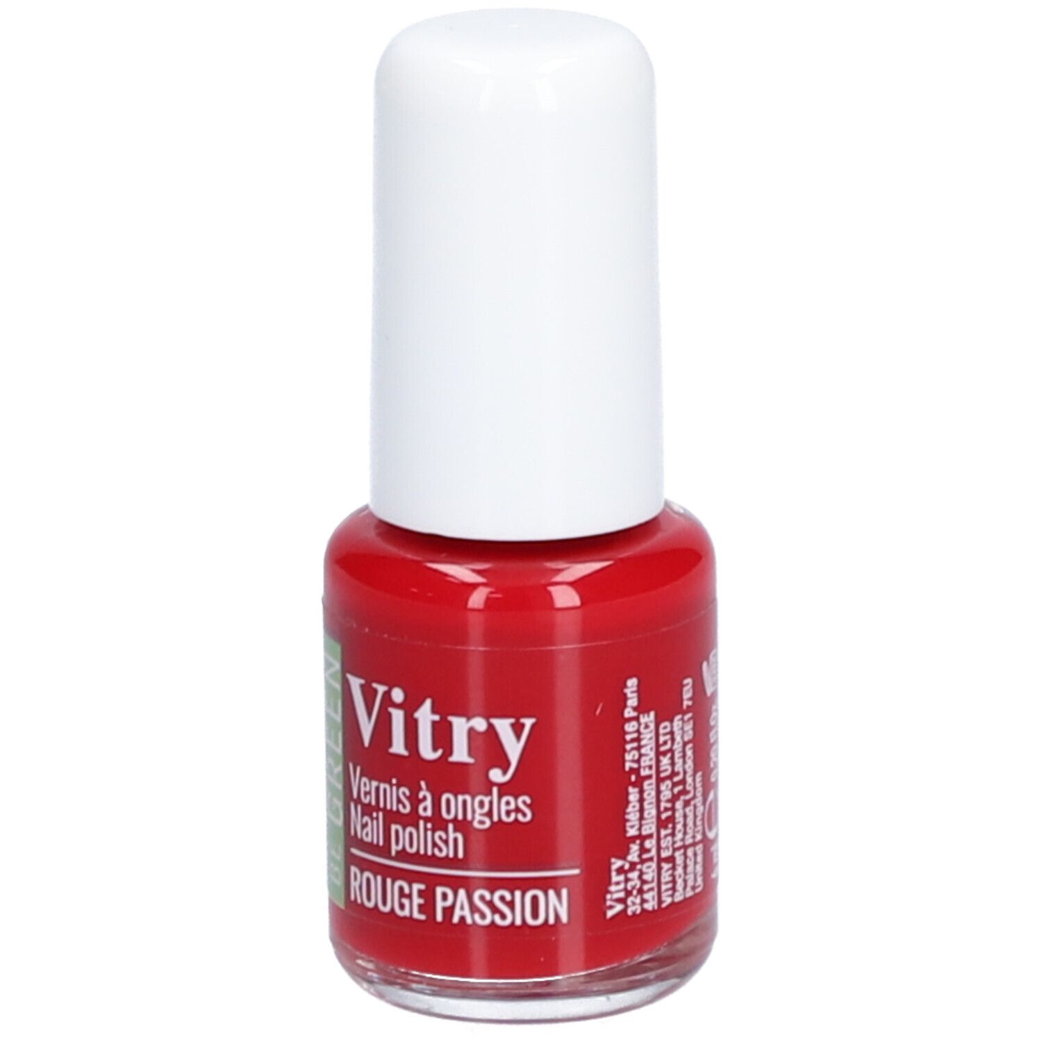 Flacon de vernis à ongles rouge avec bouchon blanc. Inscription : Vitry, Vernis à ongles, Rouge Passion. Logo Be Green.