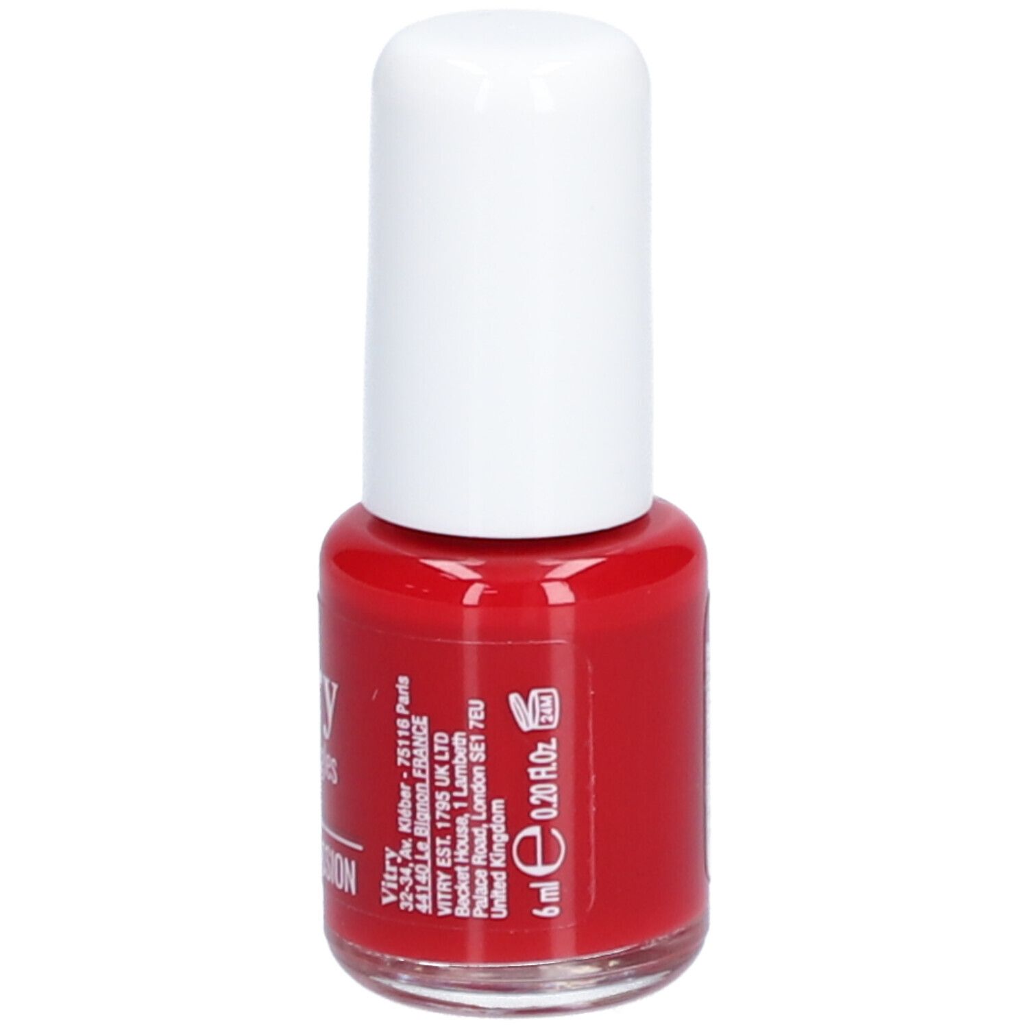 Flacon de vernis à ongles rouge avec bouchon blanc. Inscription : Vitry, Vernis à ongles, Rouge Passion. Volume : 6 ml.