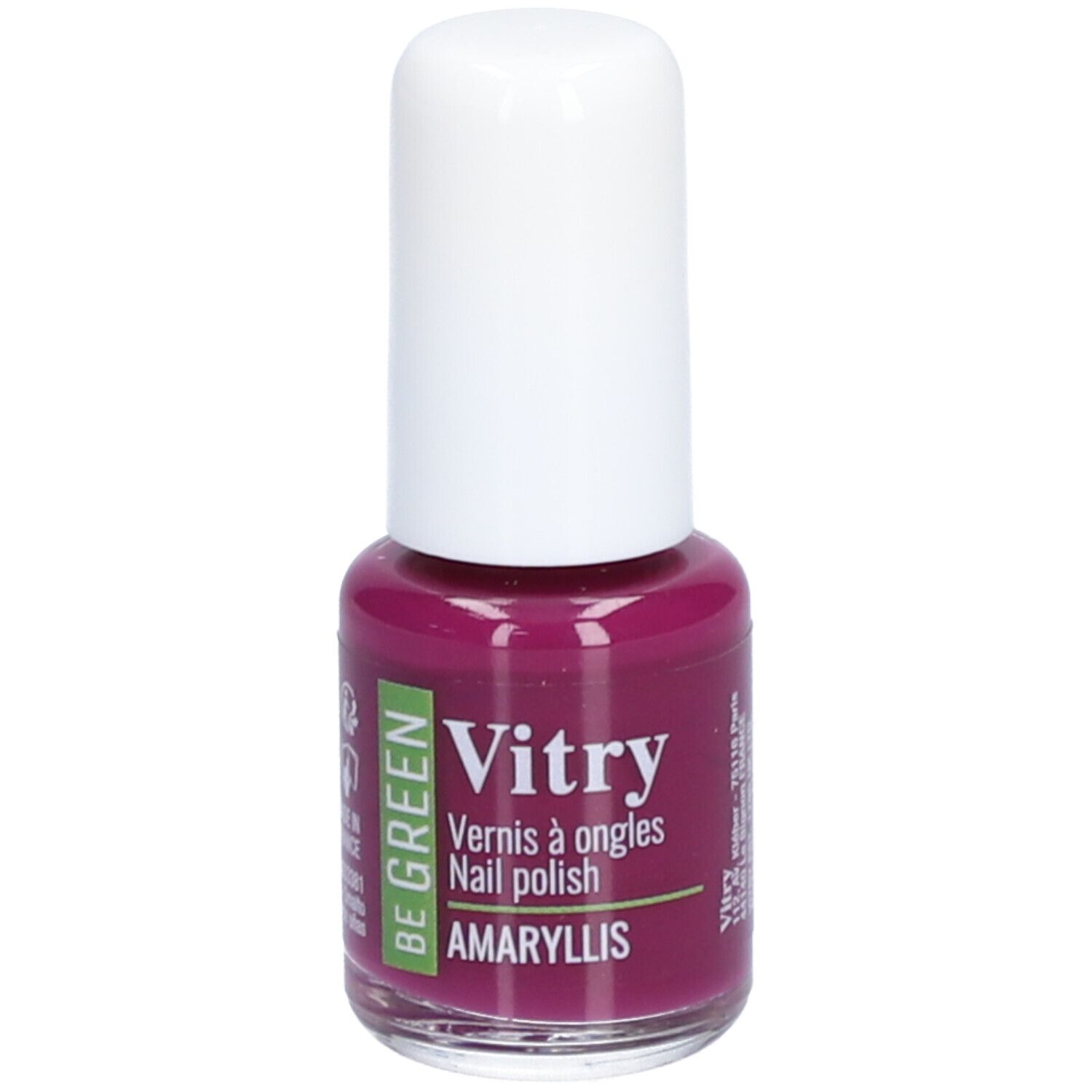 Nagellackflasche mit weißem Deckel. Aufschrift: Vitry, Vernis à ongles, Nail polish, AMARYLLIS. Farbe: Dunkelrot.