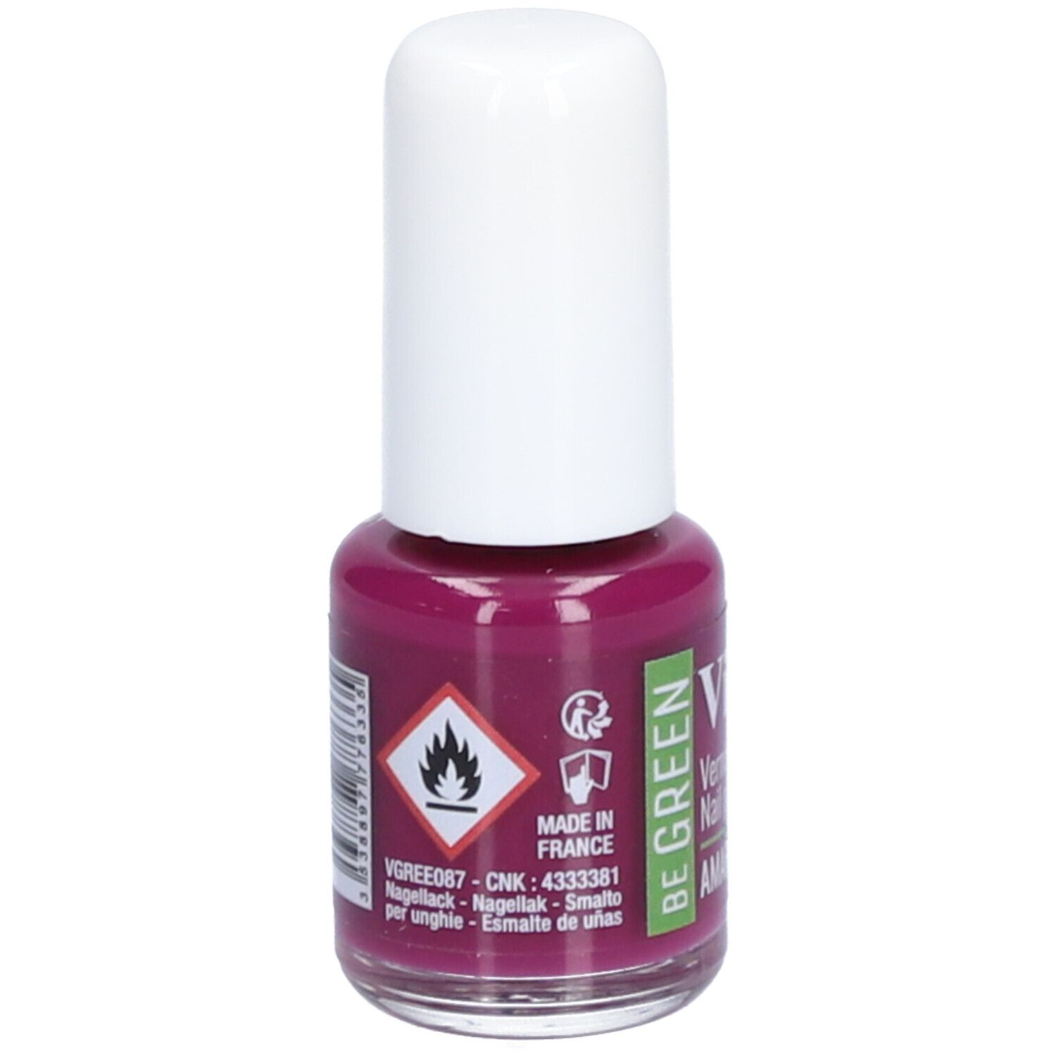Nagellackflasche mit weißem Deckel. Aufschrift: Vitry, Vernis à ongles, Nail polish, AMARYLLIS. Gefahrensymbol. Hergestellt in Frankreich.
