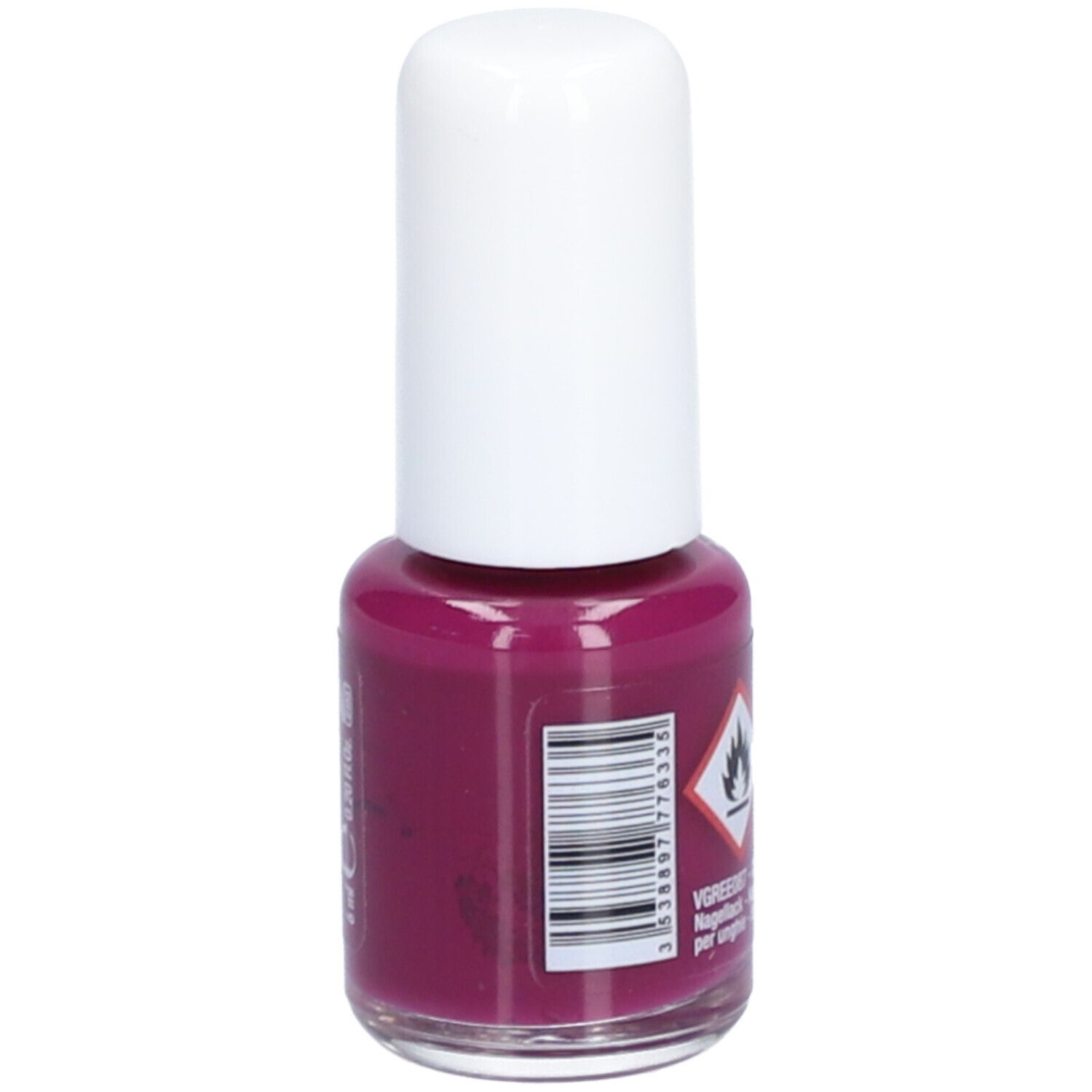 Nagellackflasche mit weißem Deckel. Barcode und Gefahrensymbol. Aufschrift: Inhaltsstoffe, Nagellack, Smalto per unghie, Esmalte de uñas.
