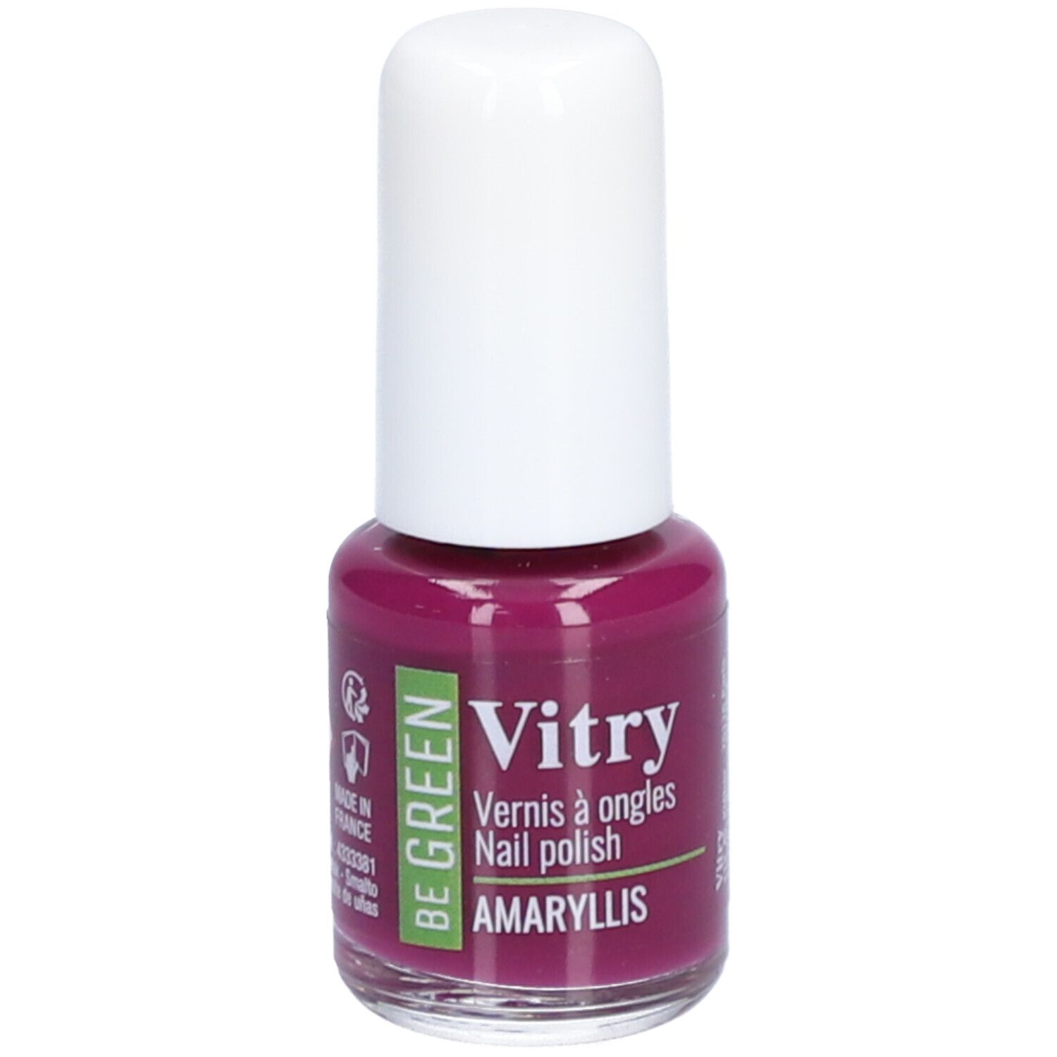 Nagellackflasche mit weißem Deckel. Aufschrift: Vitry, Vernis à ongles, Nail polish, AMARYLLIS. Grünes Logo: BE GREEN.