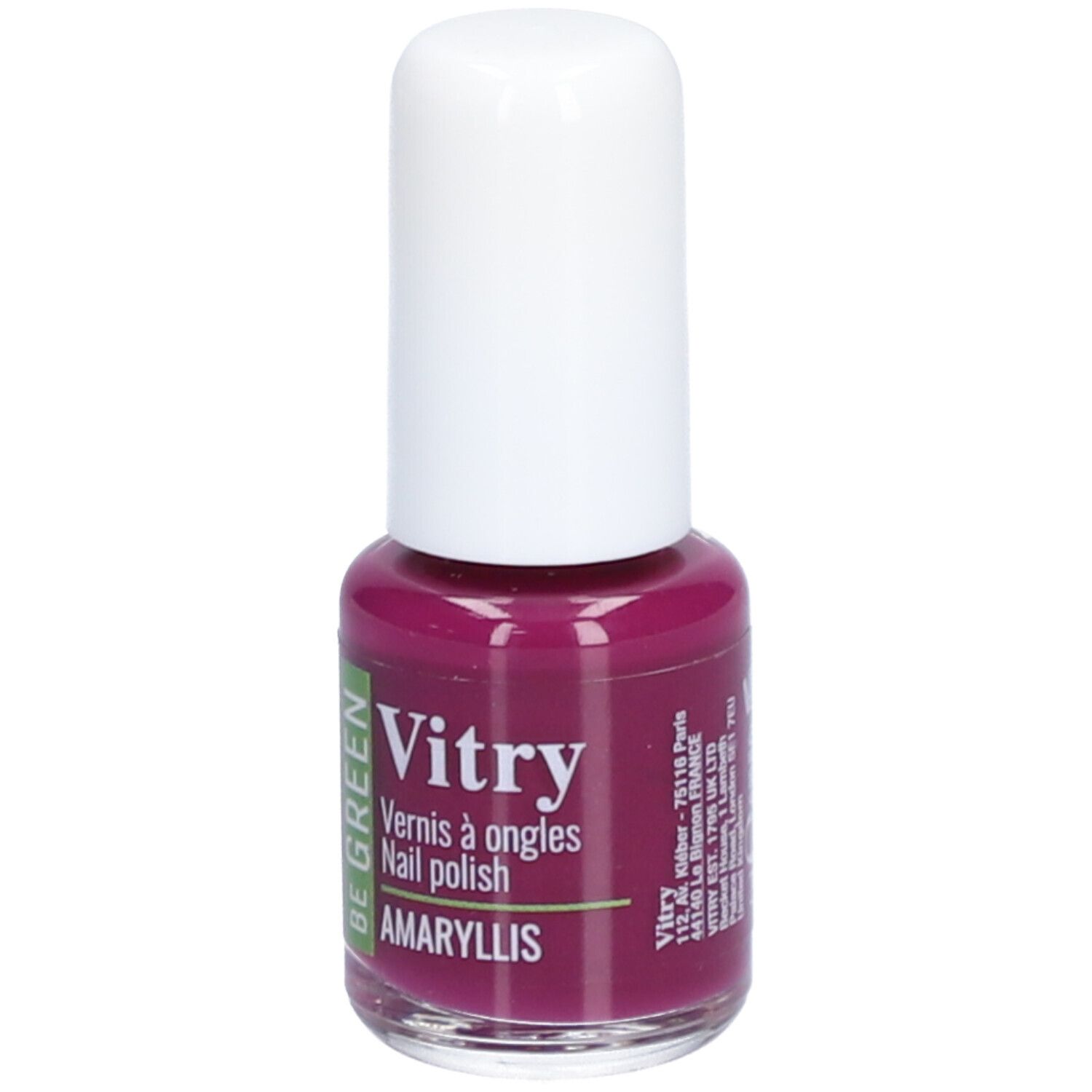 Nagellackflasche mit weißem Deckel. Aufschrift: Vitry, Vernis à ongles, Nail polish, AMARYLLIS. Adresse: Vitry, Paris, Frankreich.