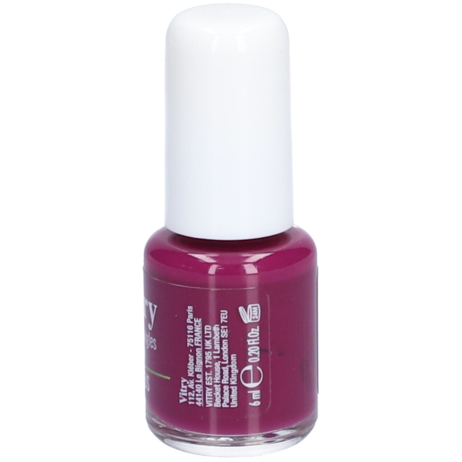 Nagellackflasche mit weißem Deckel. Aufschrift: Vitry, 6 ml, 0.20 fl oz. Adresse: Vitry, Paris, Frankreich. Adresse: London, UK.
