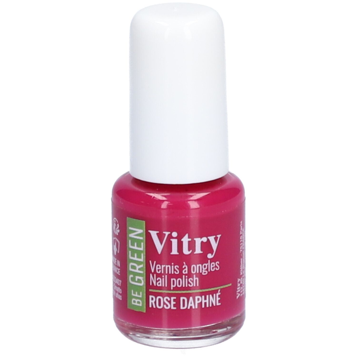 Flacon de vernis à ongles avec bouchon blanc. Inscription: Vitry, Rose Daphné. Inscription verte et blanche: Be Green.