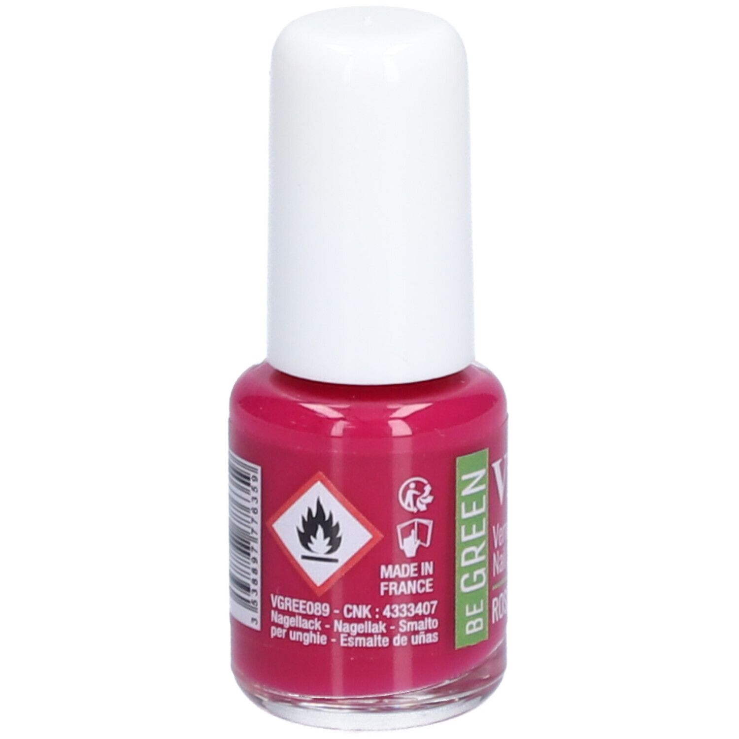 Flacon de vernis à ongles avec bouchon blanc. Inscription: Vitry, Rose Daphné. Inscription verte et blanche: Be Green. Symbole de danger.