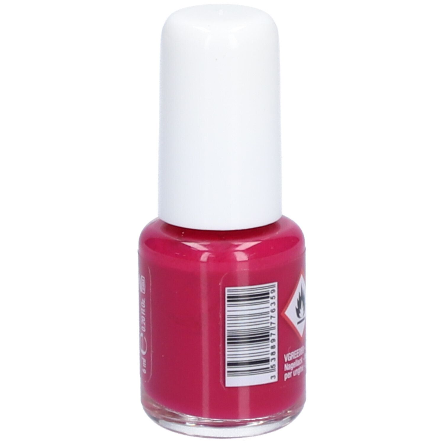 Flacon de vernis à ongles avec bouchon blanc. Inscription: Vitry, Rose Daphné. Code-barres et symbole de danger.