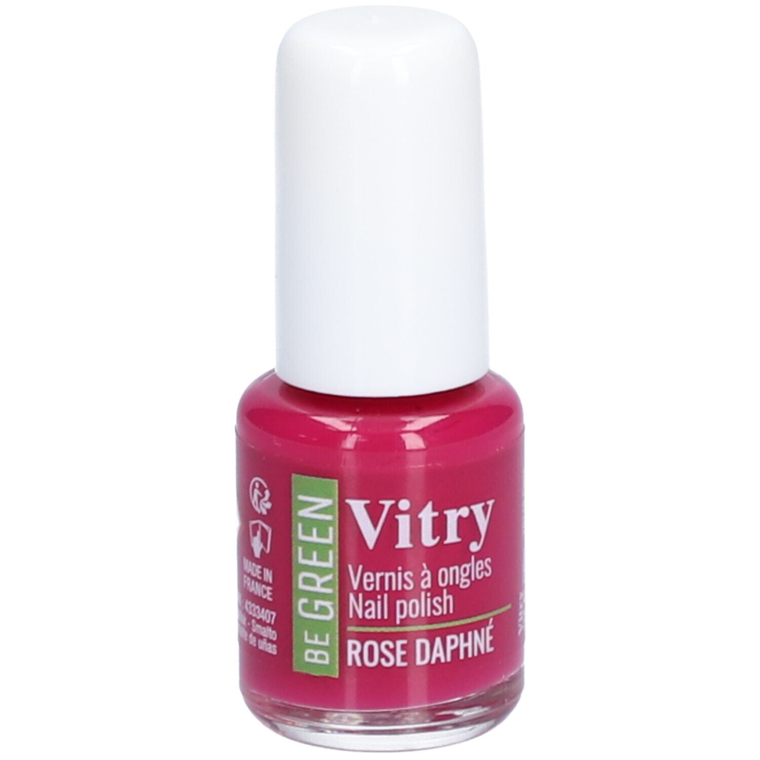 Flacon de vernis à ongles avec bouchon blanc. Inscription: Vitry, Rose Daphné. Inscription verte et blanche: Be Green. Éco-label.