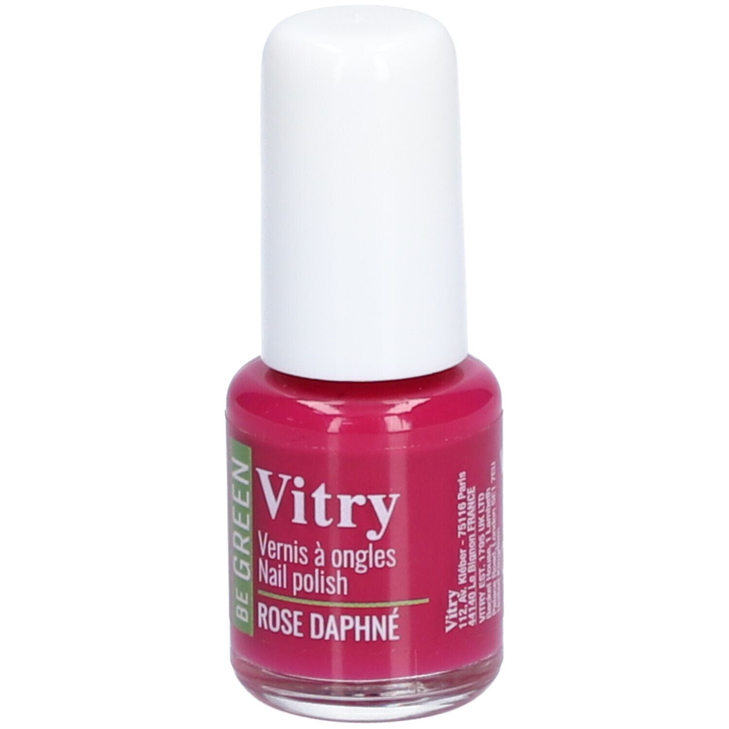 Flacon de vernis à ongles avec bouchon blanc. Inscription: Vitry, Rose Daphné. Inscription verte et blanche: Be Green. Adresse.
