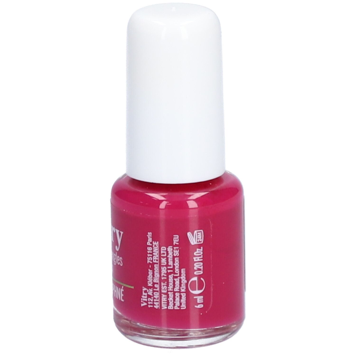 Flacon de vernis à ongles avec bouchon blanc. Inscription: Vitry, Rose Daphné. Volume: 6 ml.