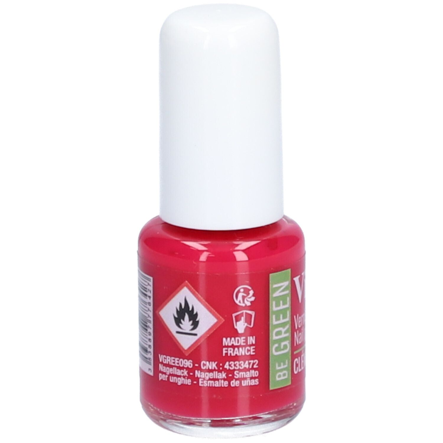 Rote Nagellackflasche mit weißem Deckel. Aufschrift: Vitry, BE GREEN, Clématite. Gefahrensymbol.