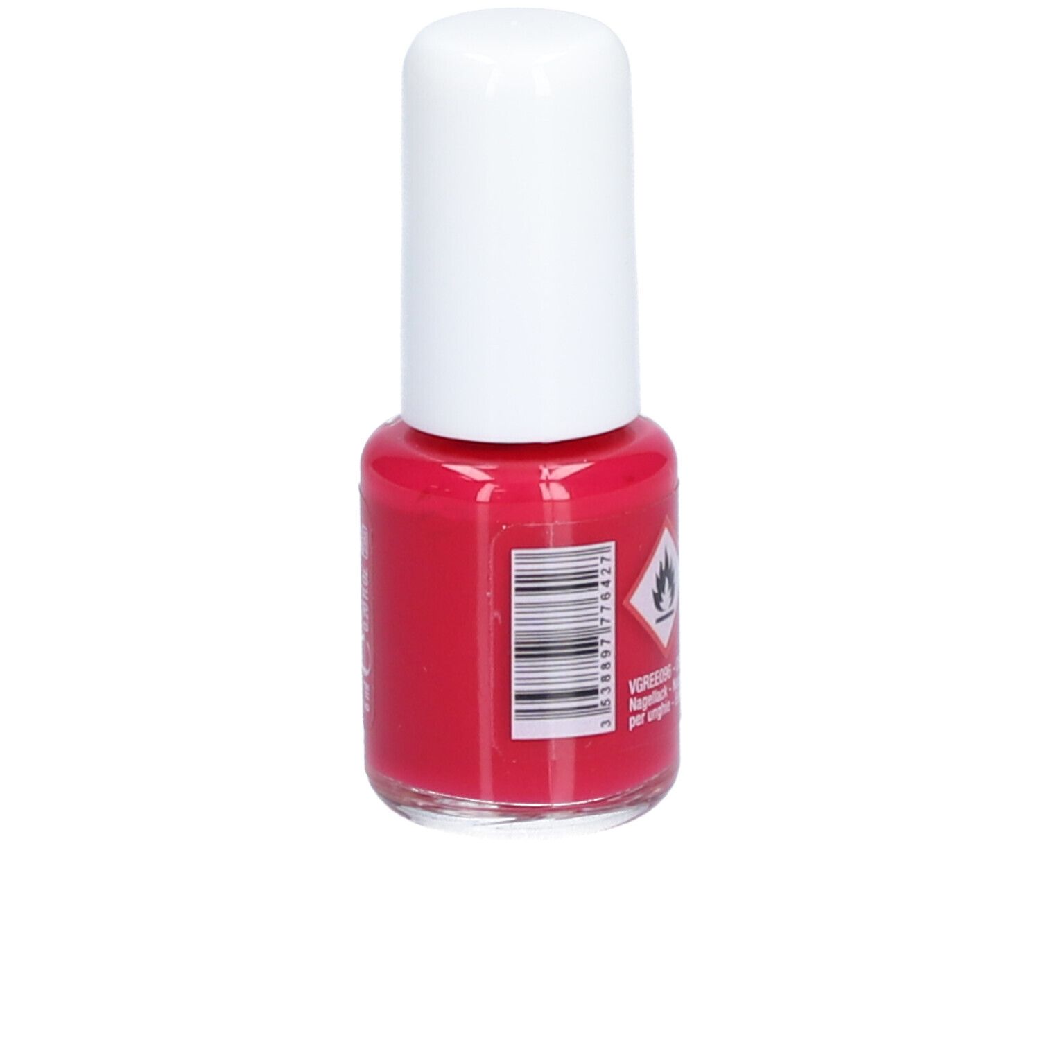 Rote Nagellackflasche mit weißem Deckel. Barcode und Gefahrensymbol auf der Rückseite.