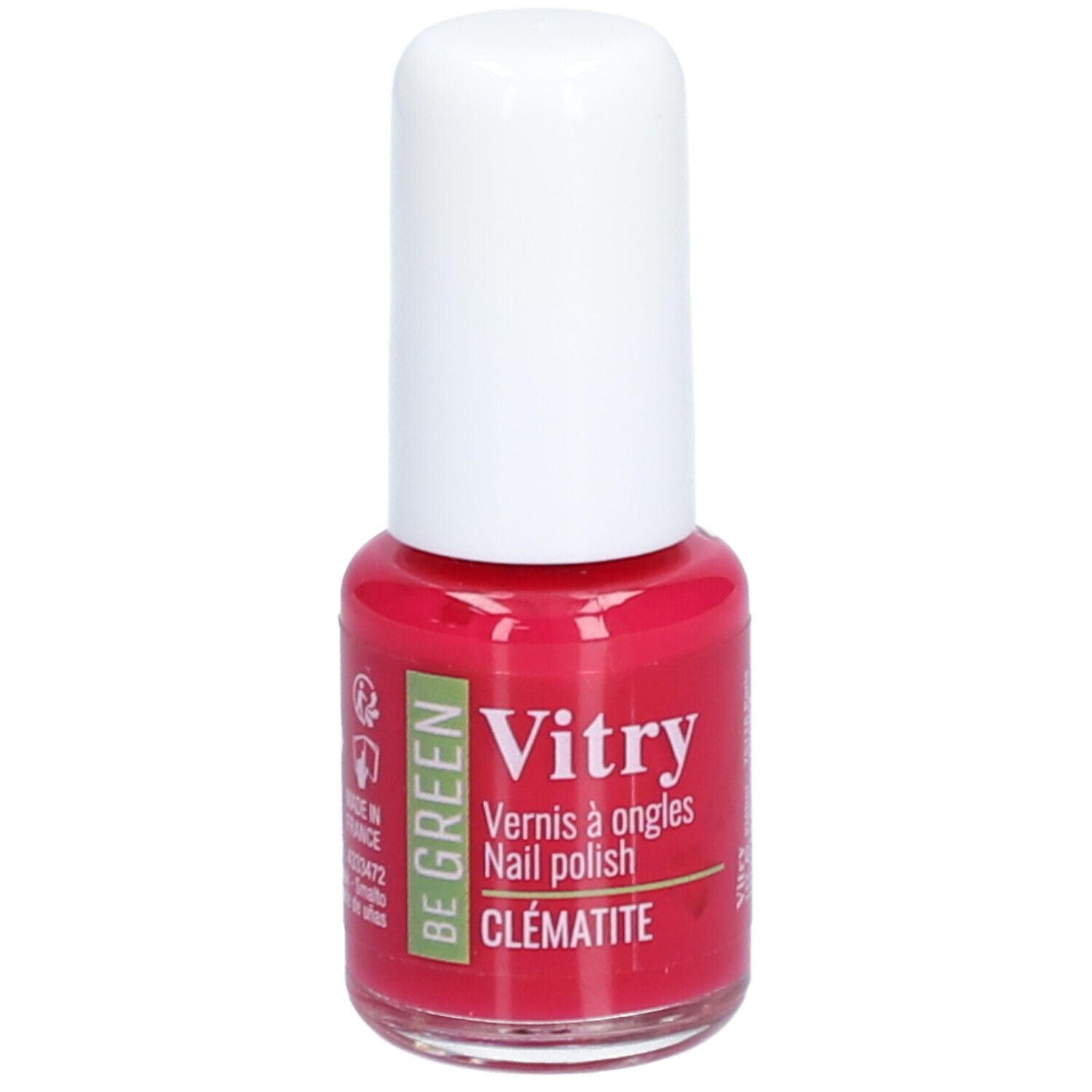Rote Nagellackflasche mit weißem Deckel. Aufschrift: Vitry, BE GREEN, Clématite. Umweltzeichen.