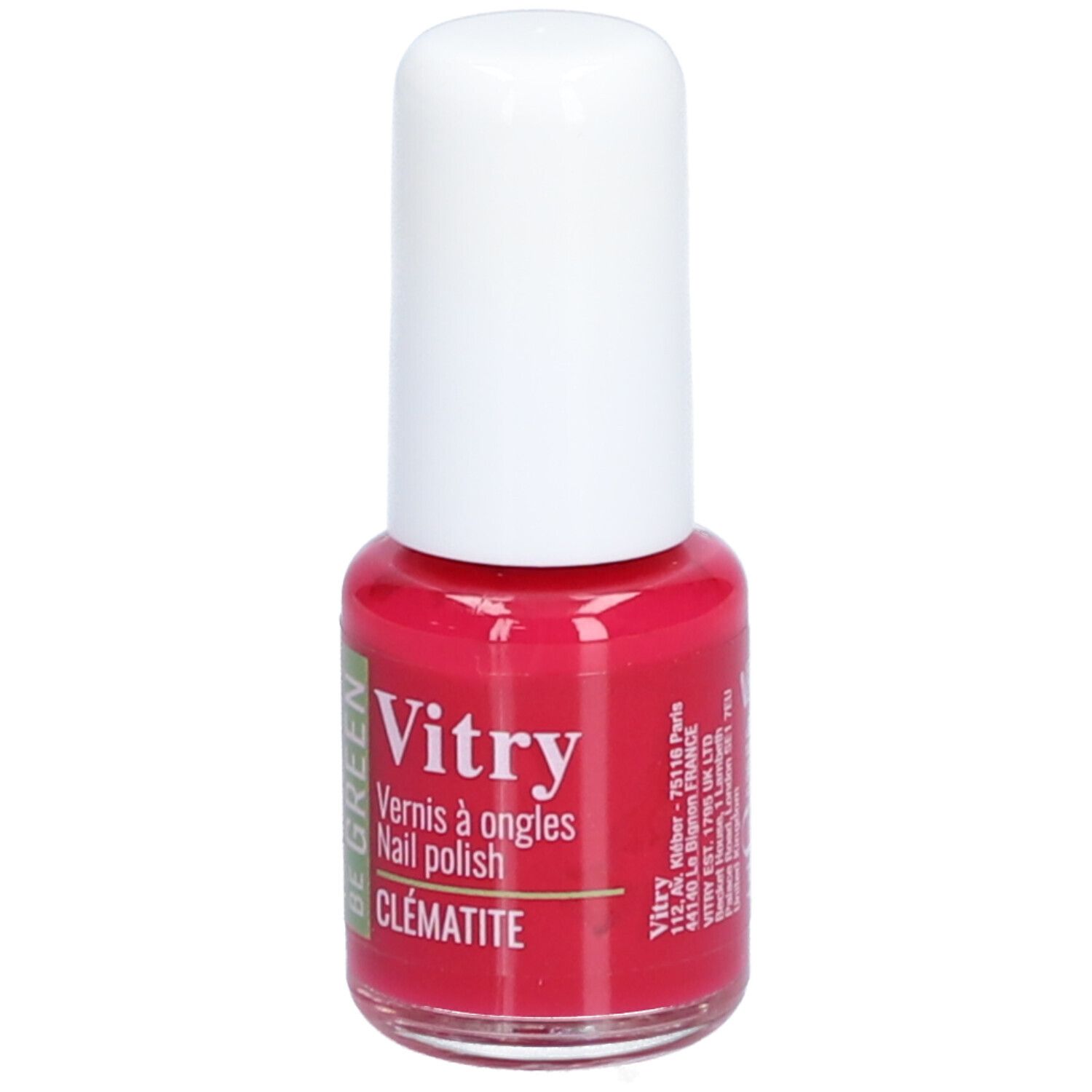 Rote Nagellackflasche mit weißem Deckel. Aufschrift: Vitry, BE GREEN, Clématite. Adresse.