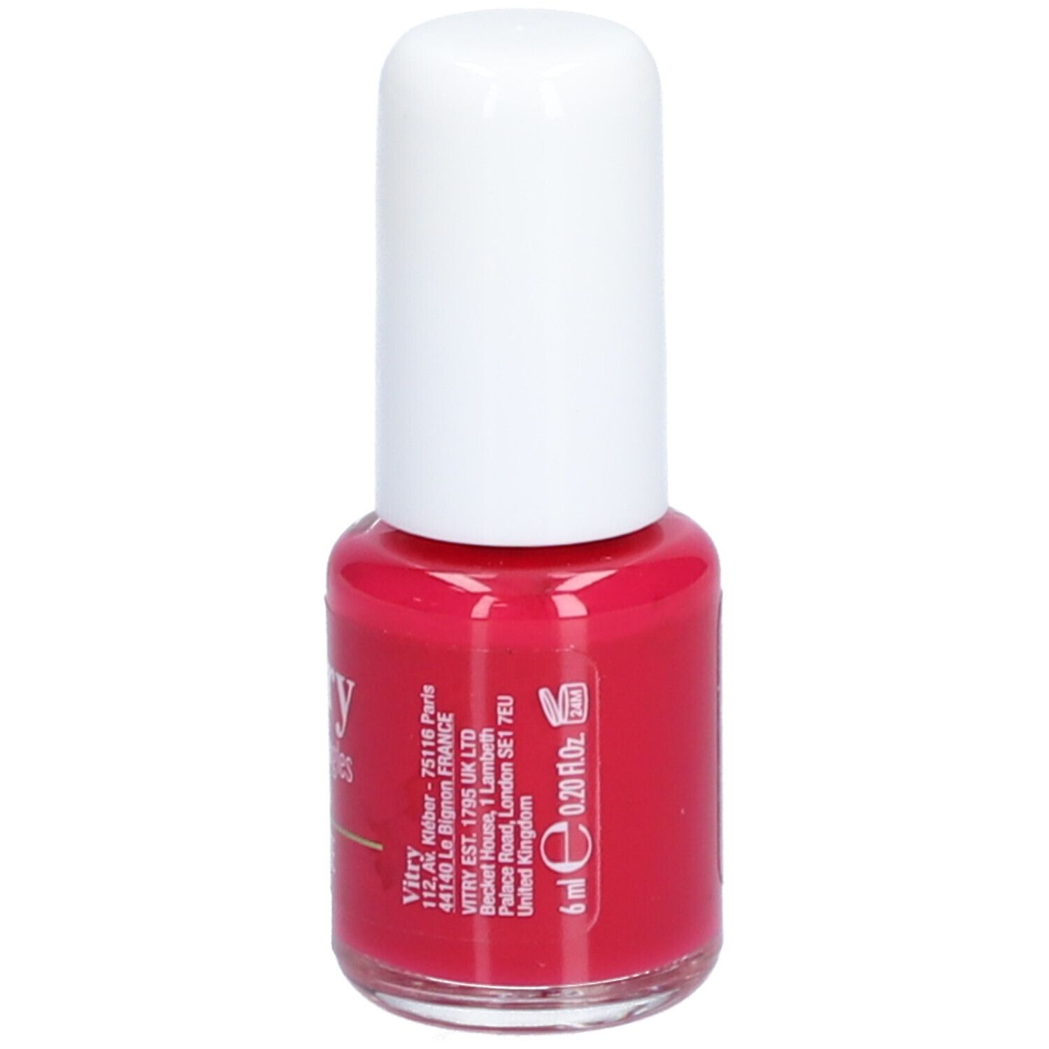 Rote Nagellackflasche mit weißem Deckel. Aufschrift: Vitry, 6 ml, 0.20 fl.oz. Adresse.