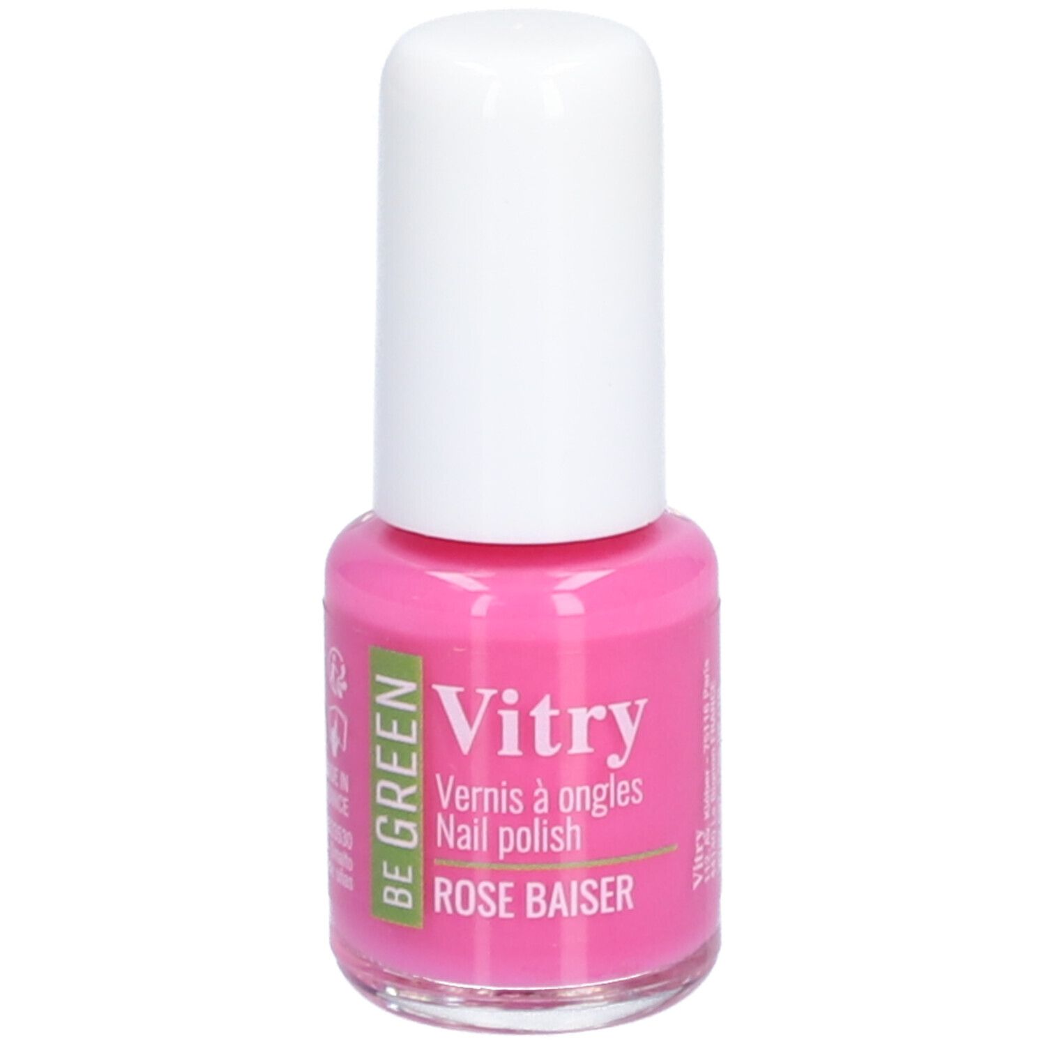 Nagellackflasche mit rosa Inhalt und weißem Deckel. Aufschrift: Vitry, Rose Baiser.