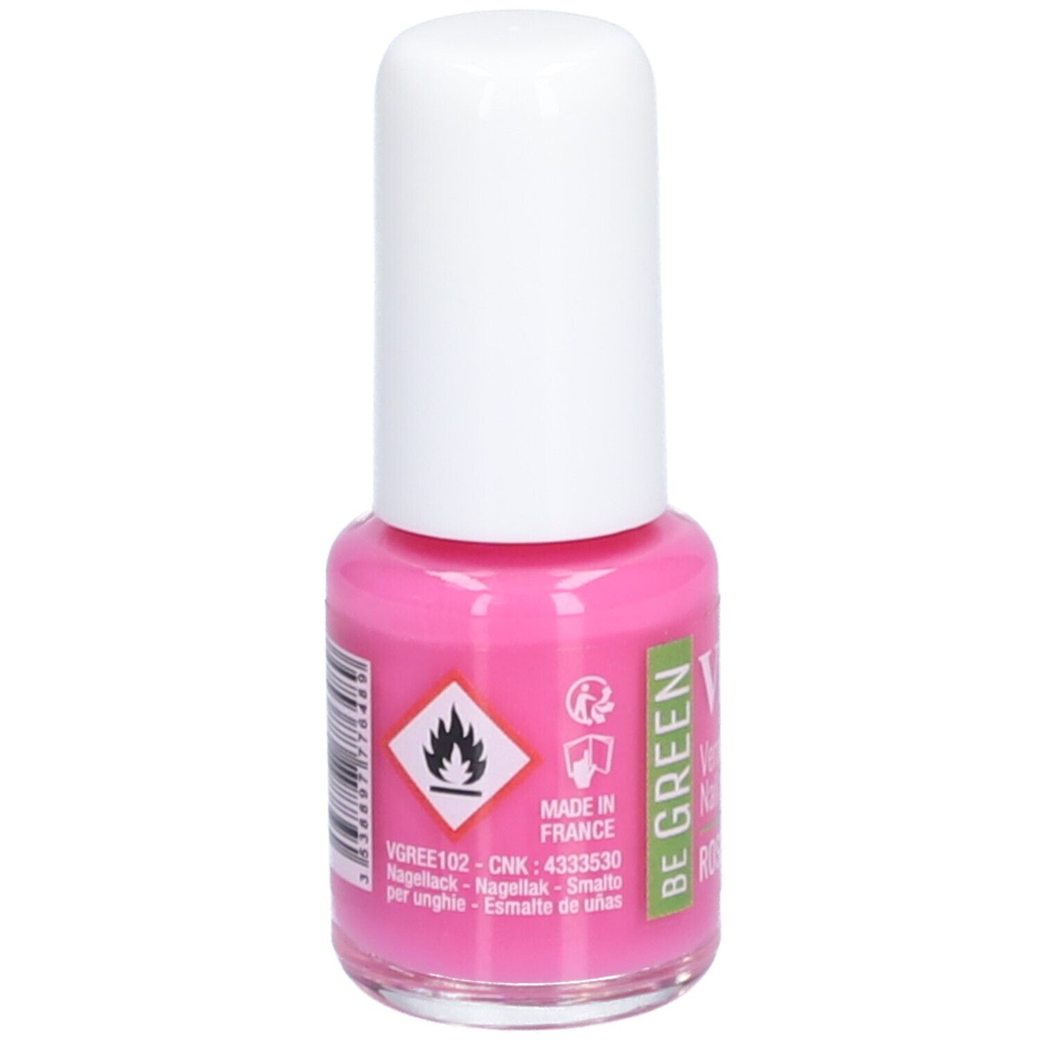Nagellackflasche, rosa Inhalt, weißer Deckel. Aufschrift: Vitry, Rose Baiser. Mit Warnsymbolen.