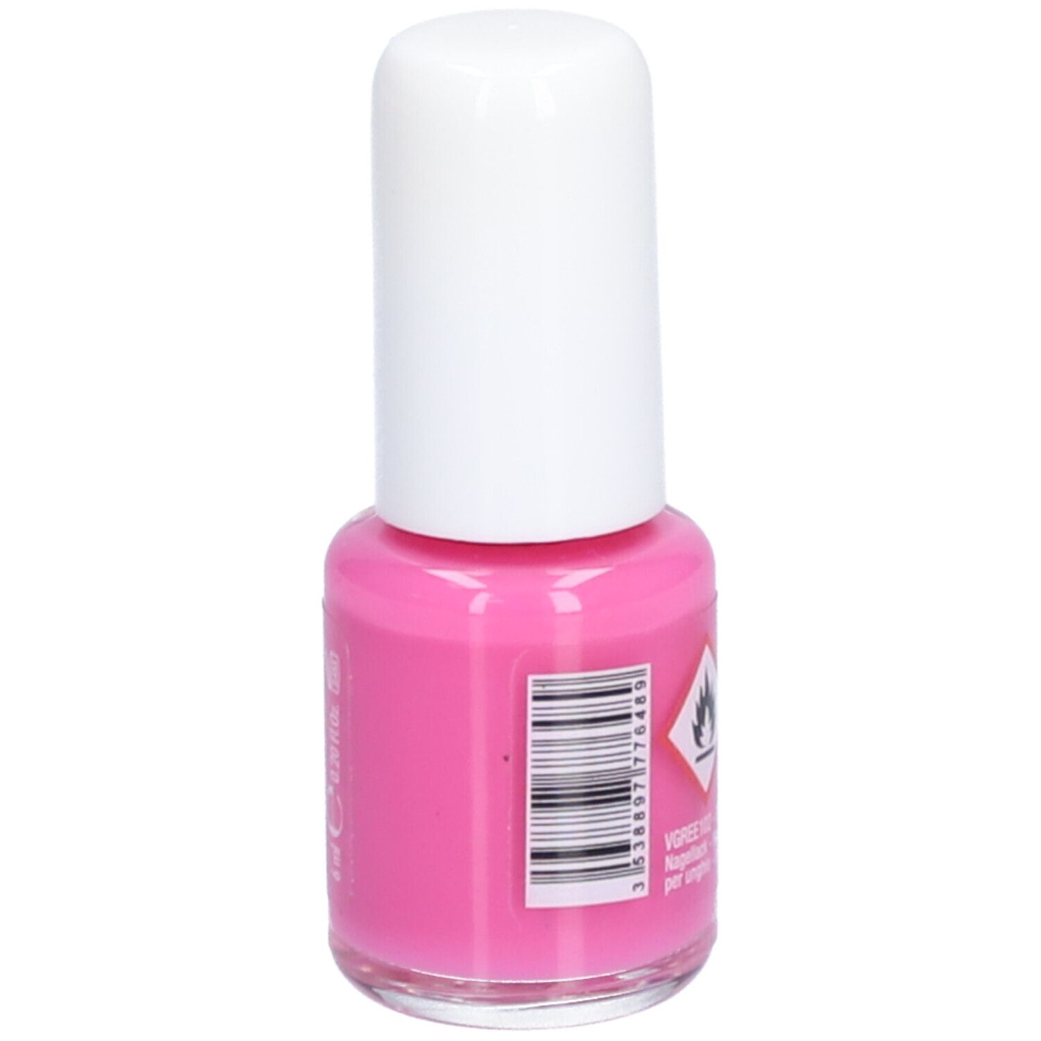 Nagellackflasche, rosa Inhalt, weißer Deckel. Rückseite mit Warnsymbol und Barcode.