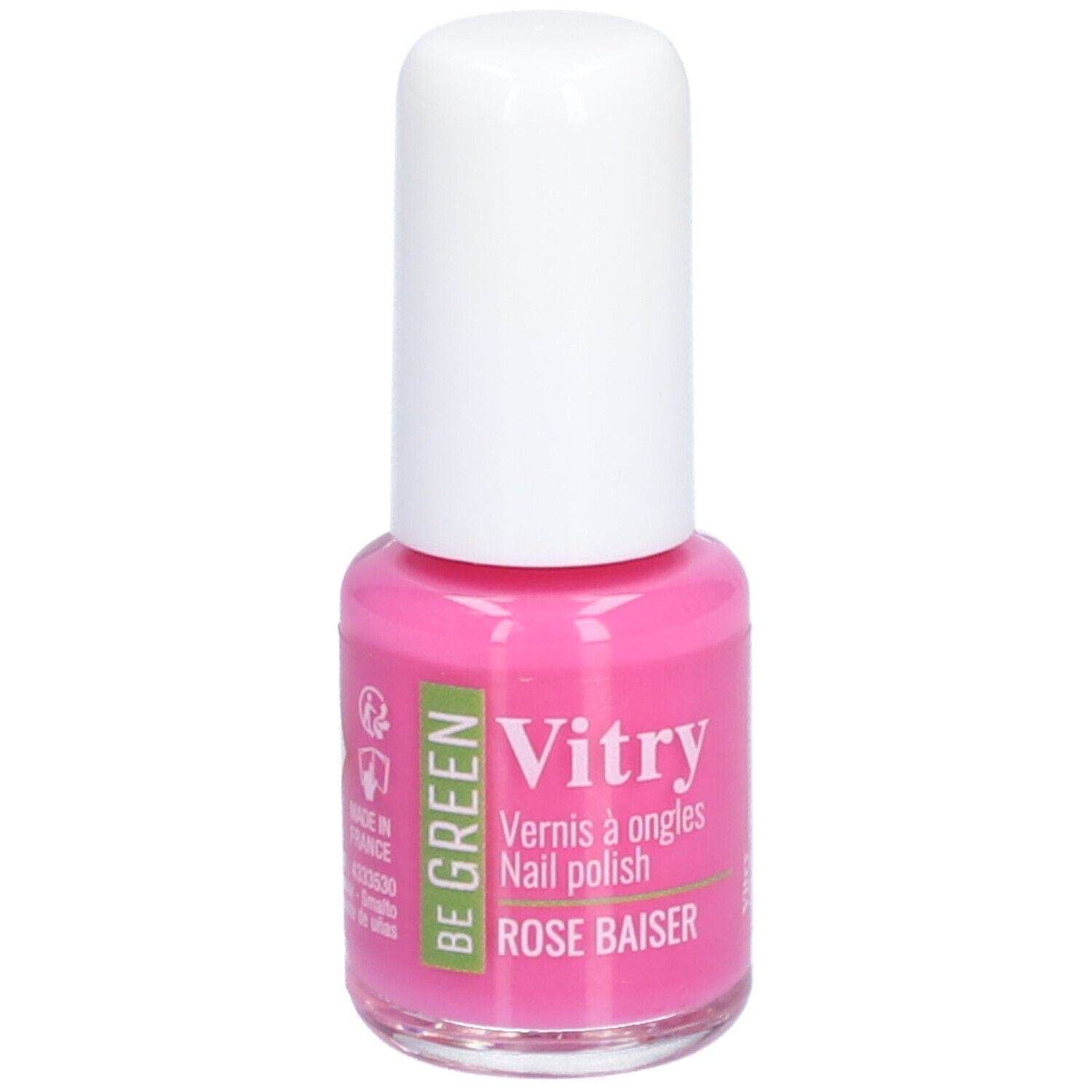 Nagellackflasche, rosa Inhalt, weißer Deckel. Aufschrift: Vitry, Rose Baiser. Mit grüner Kennzeichnung.