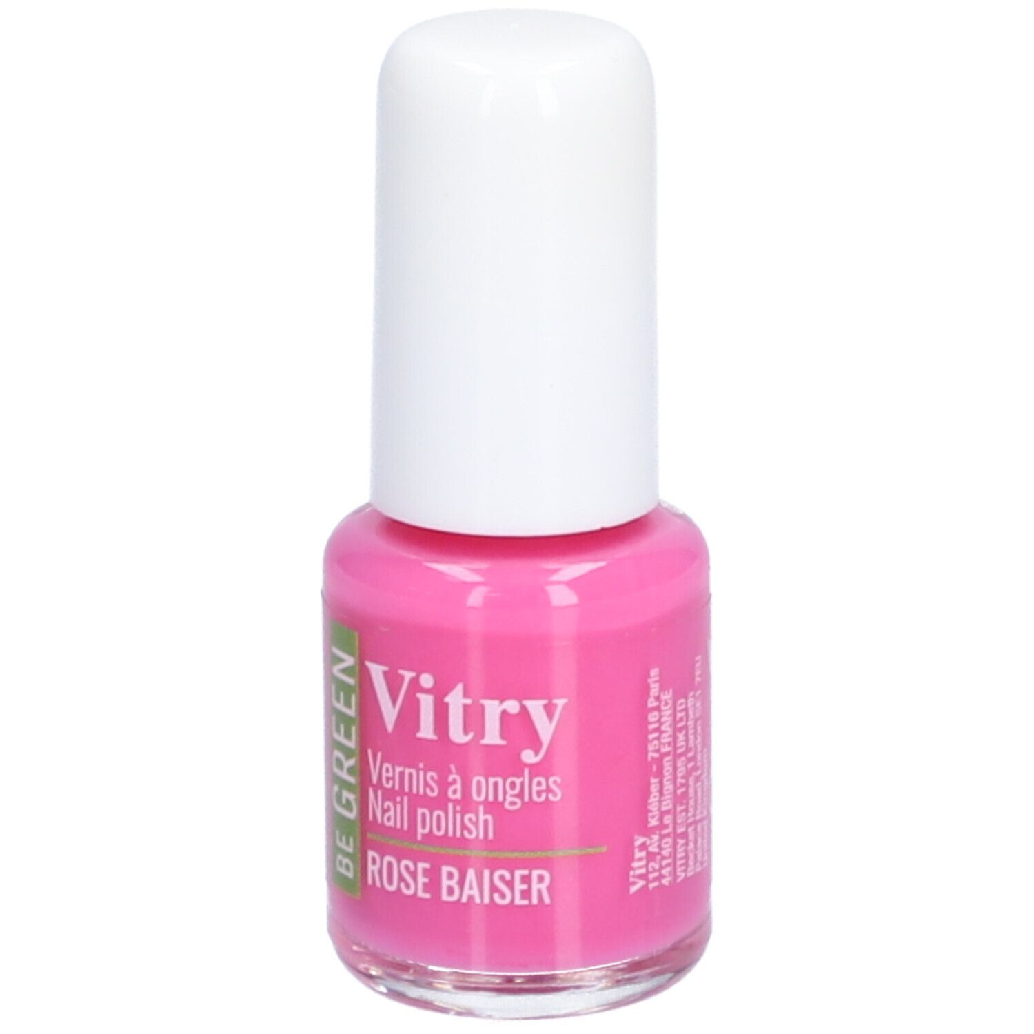 Nagellackflasche, rosa Inhalt, weißer Deckel. Aufschrift: Vitry, Rose Baiser. Mit grüner Kennzeichnung.
