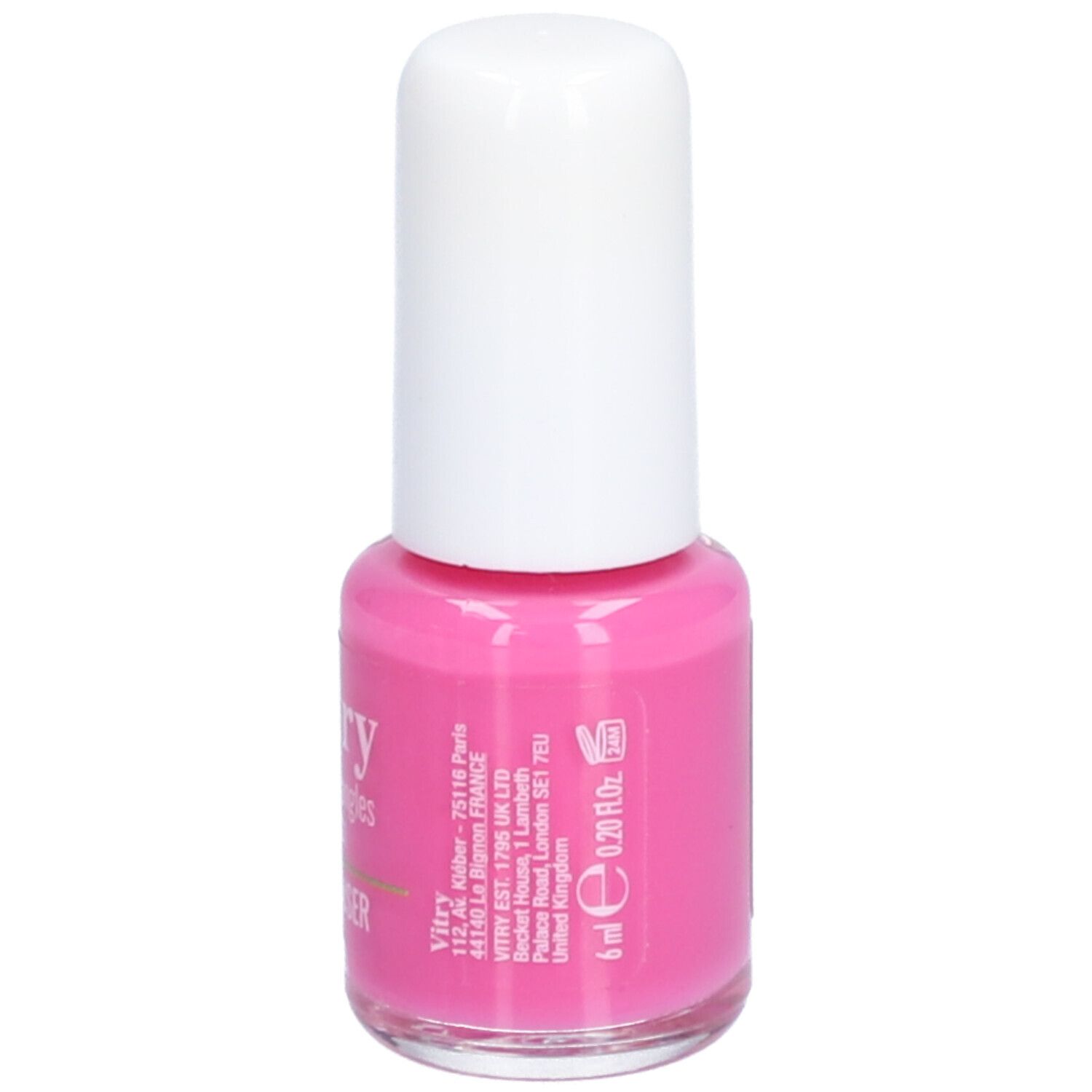 Nagellackflasche, rosa Inhalt, weißer Deckel. Aufschrift: Vitry, Rose Baiser. Volumen: 6 ml.
