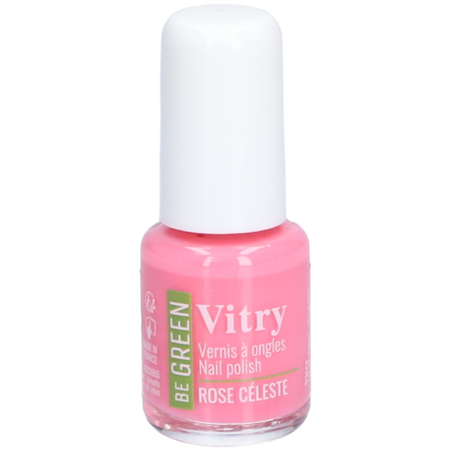 Rosa Nagellackflasche mit weißem Deckel. Aufschrift: Vitry, Be Green, Rose Celeste.